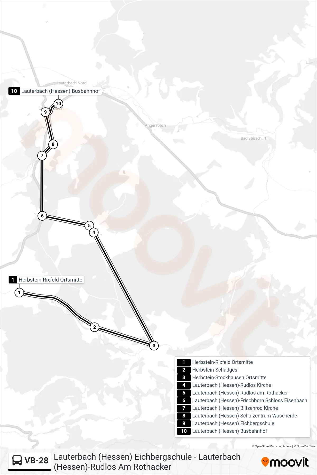 VB-28 bus Line (Lauterbach (Hessen) Busbahnhof) route and stops on a map
