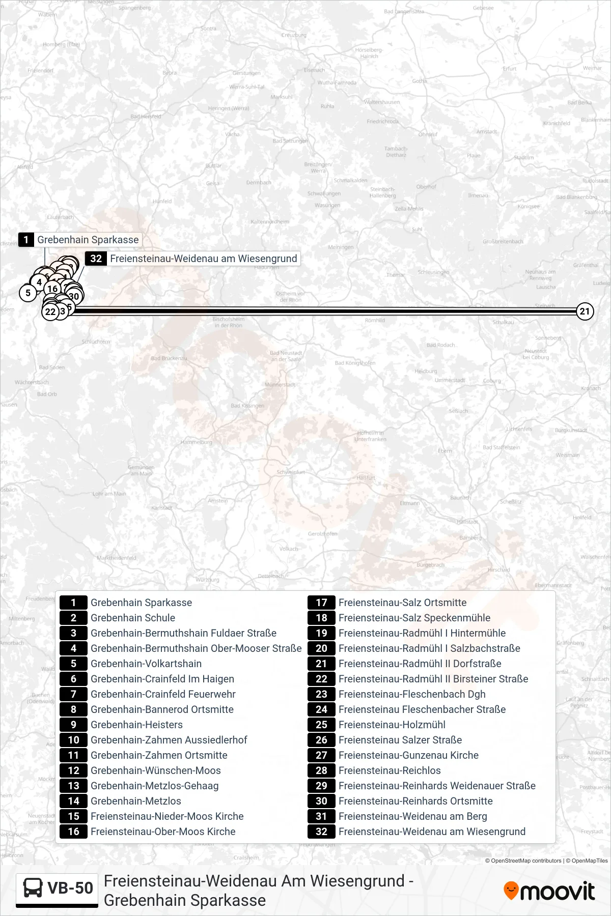 Linie VB-50 (Bus) Richtung Freiensteinau-Weidenau am Wiesengrund: Route und Haltestellen auf der Karte