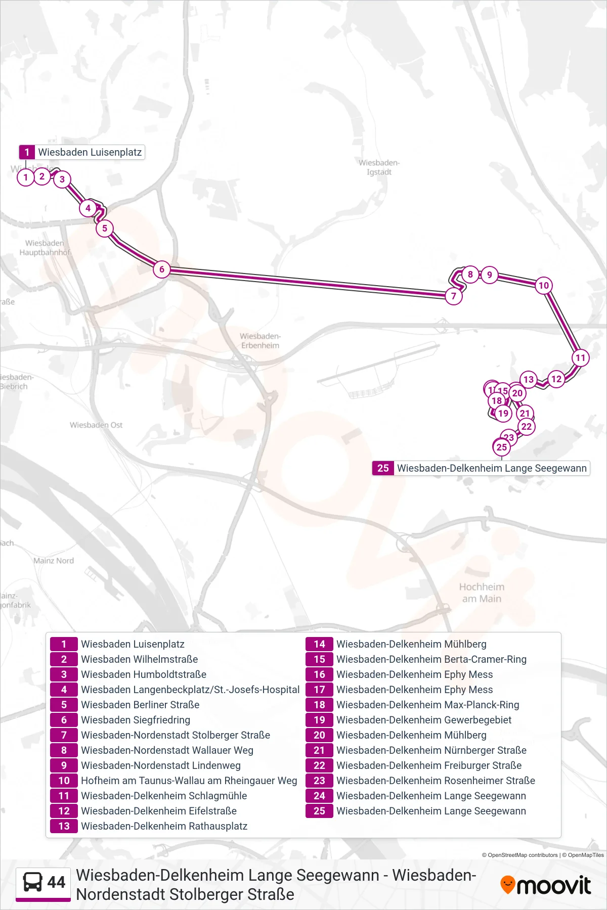 44 bus Line (Wiesbaden-Delkenheim Lange Seegewann) route and stops on a map