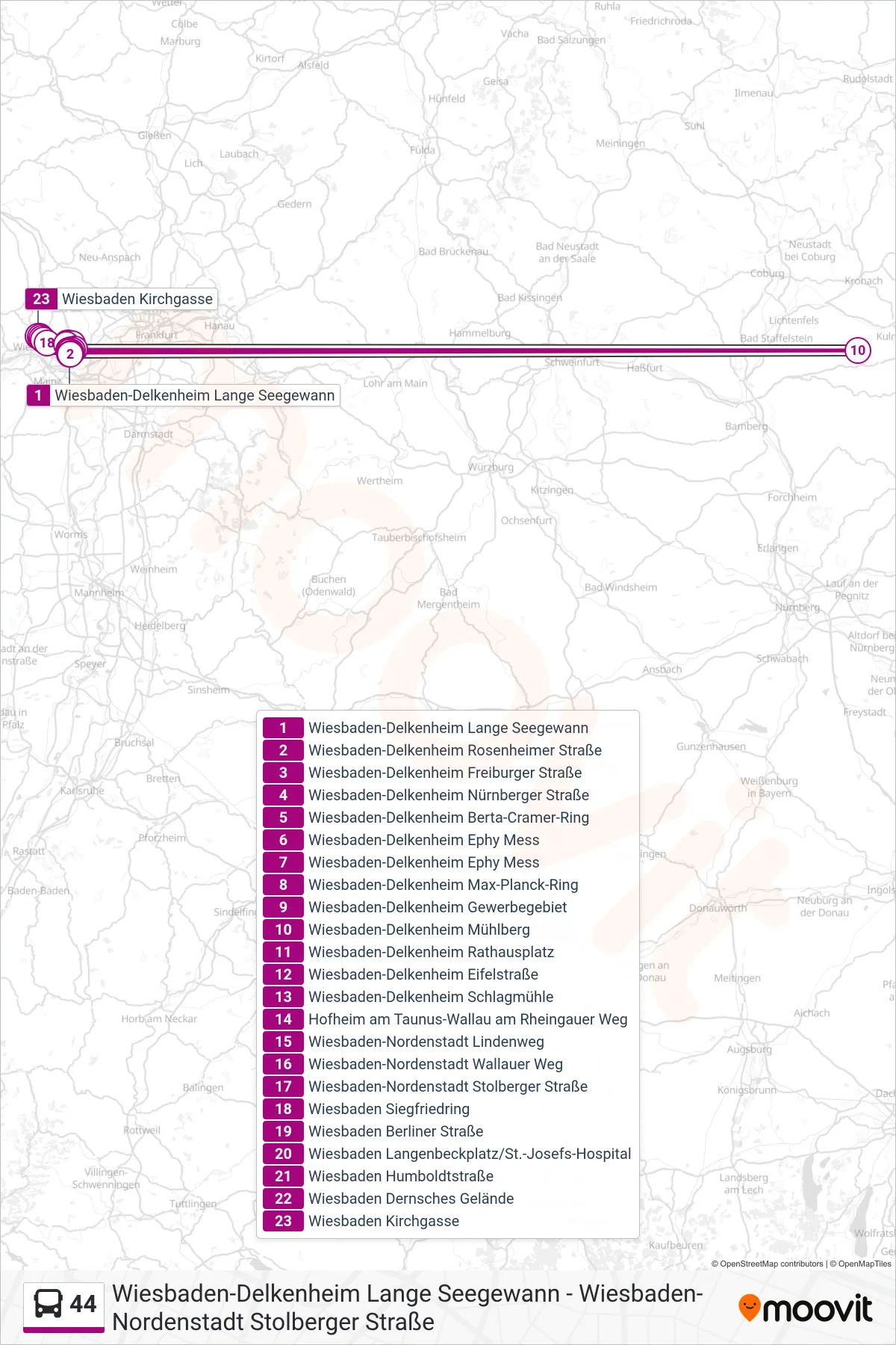 44 bus Line (Wiesbaden Kirchgasse) route and stops on a map