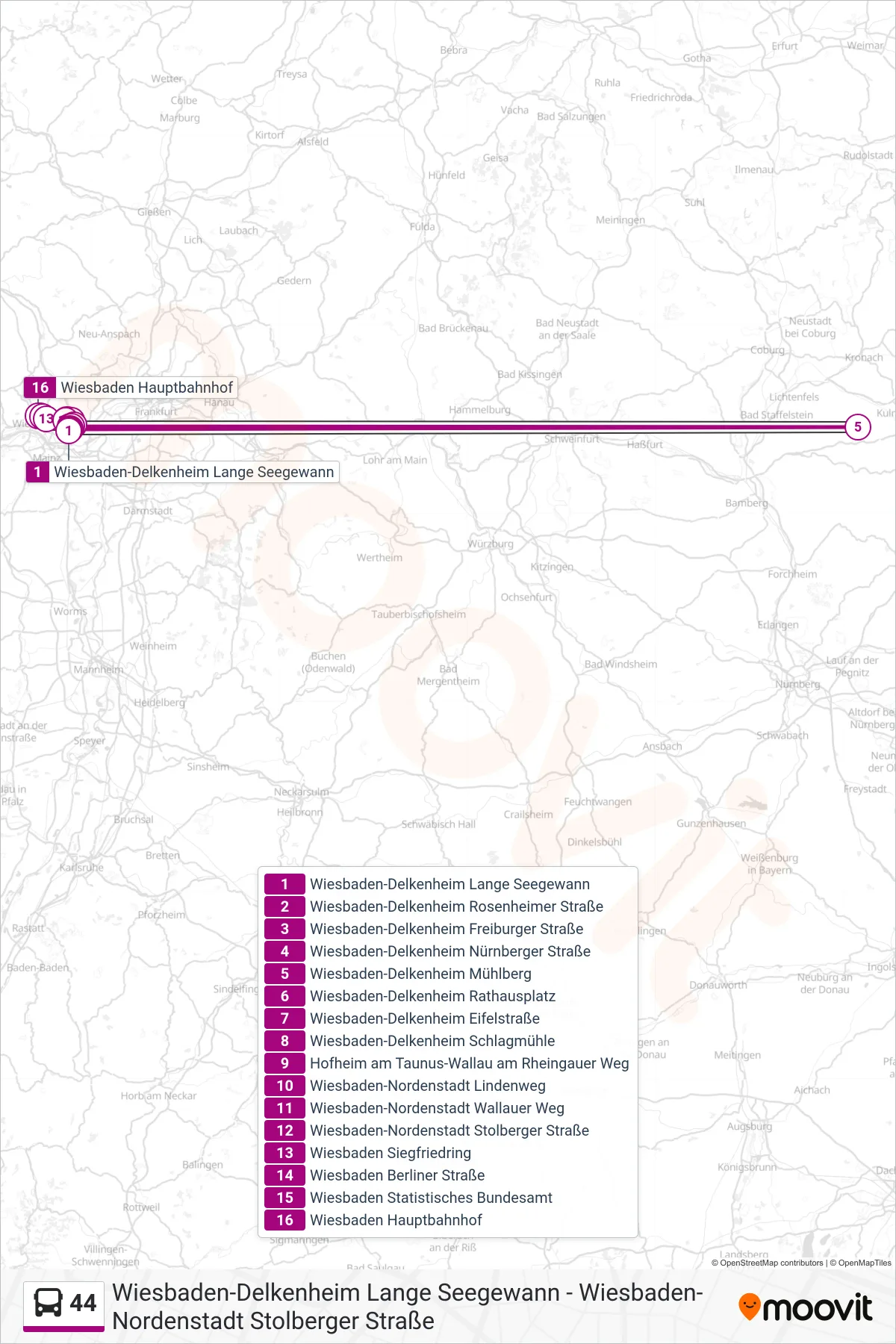 44 bus Line (Wiesbaden Hauptbahnhof) route and stops on a map