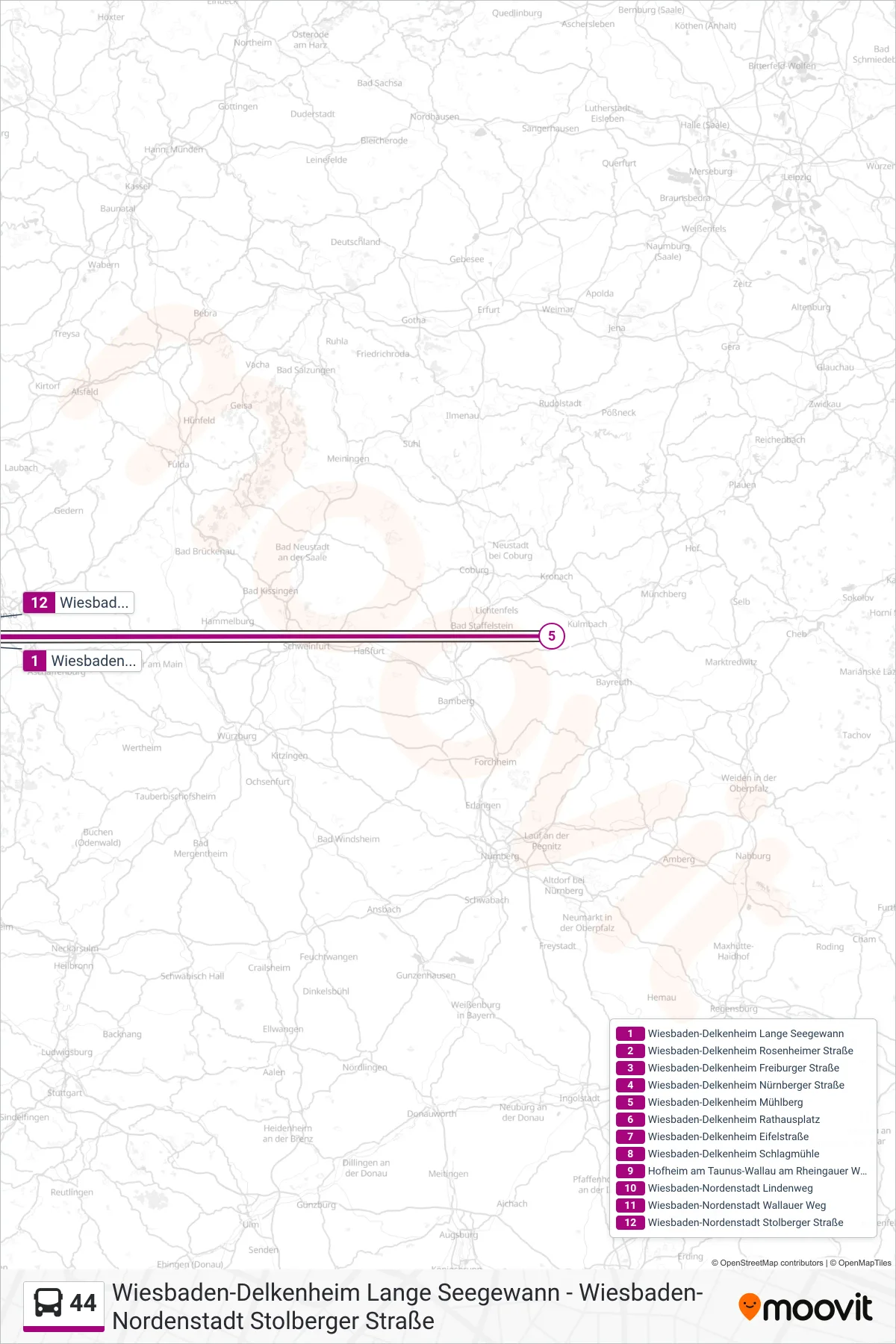 44 bus Line (Wiesbaden-Nordenstadt Stolberger Straße) route and stops on a map