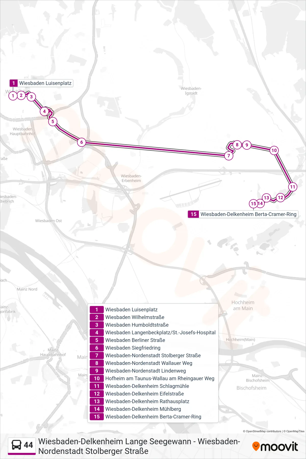 Linie 44 (Bus) Richtung Wiesbaden-Delkenheim Berta-Cramer-Ring: Route und Haltestellen auf der Karte