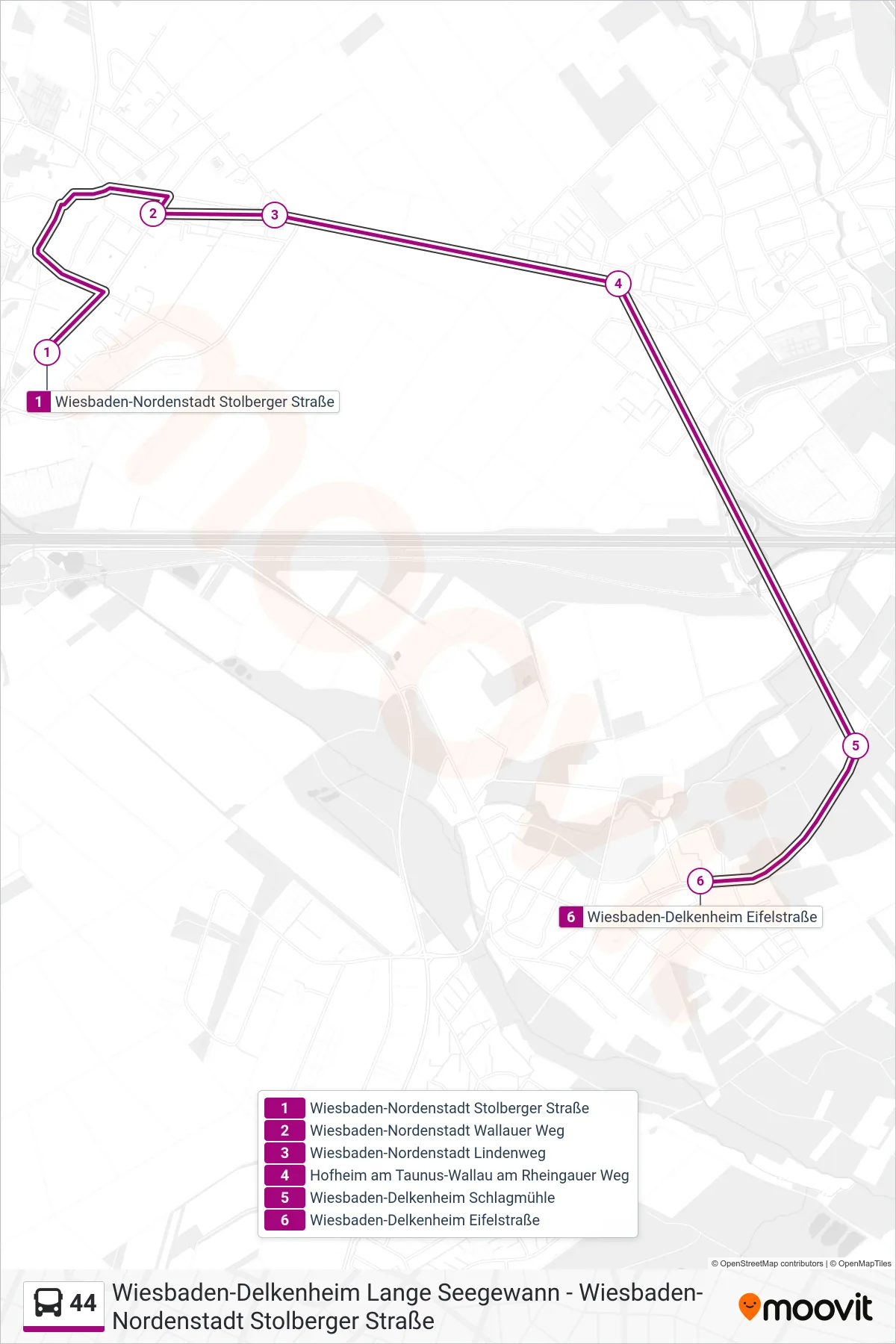 44 bus Line (Wiesbaden-Delkenheim Eifelstraße) route and stops on a map