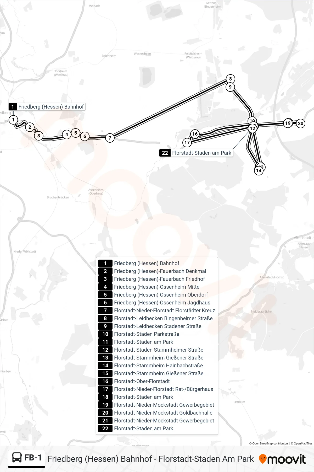 FB-1 bus Line (Florstadt-Staden am Park) route and stops on a map