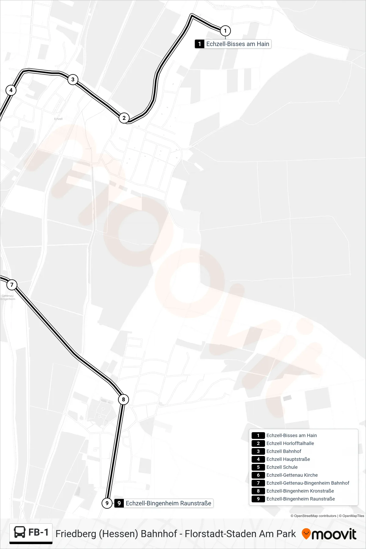 Linie FB-1 (Bus) Richtung Echzell-Bingenheim Raunstraße: Route und Haltestellen auf der Karte