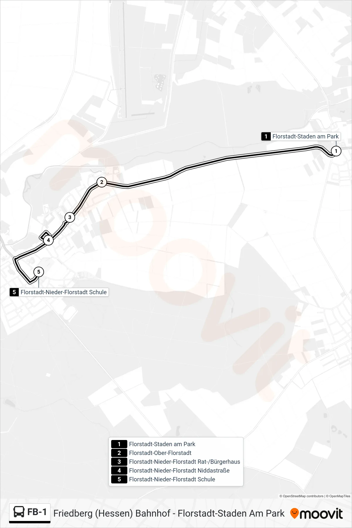 FB-1 bus Line (Florstadt-Nieder-Florstadt Schule) route and stops on a map