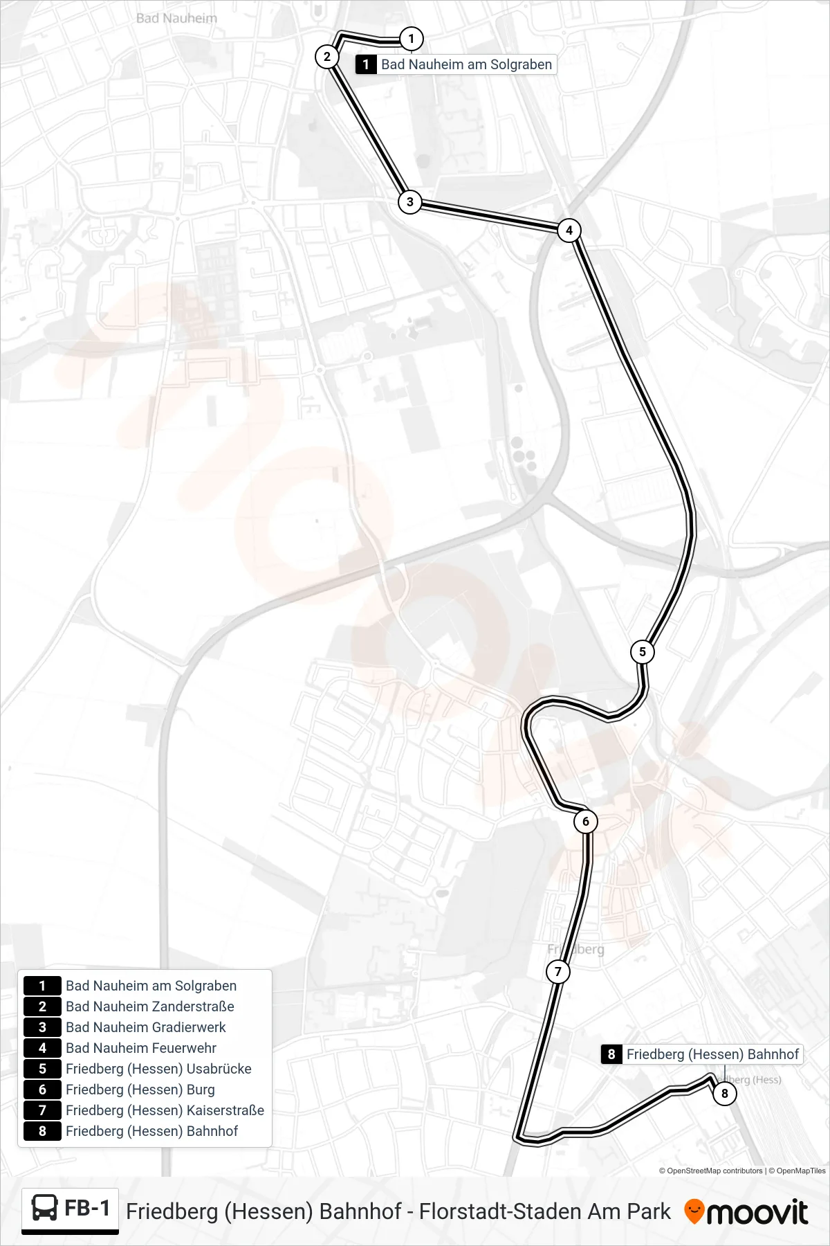 FB-1 bus Line (Friedberg (Hessen) Bahnhof) route and stops on a map