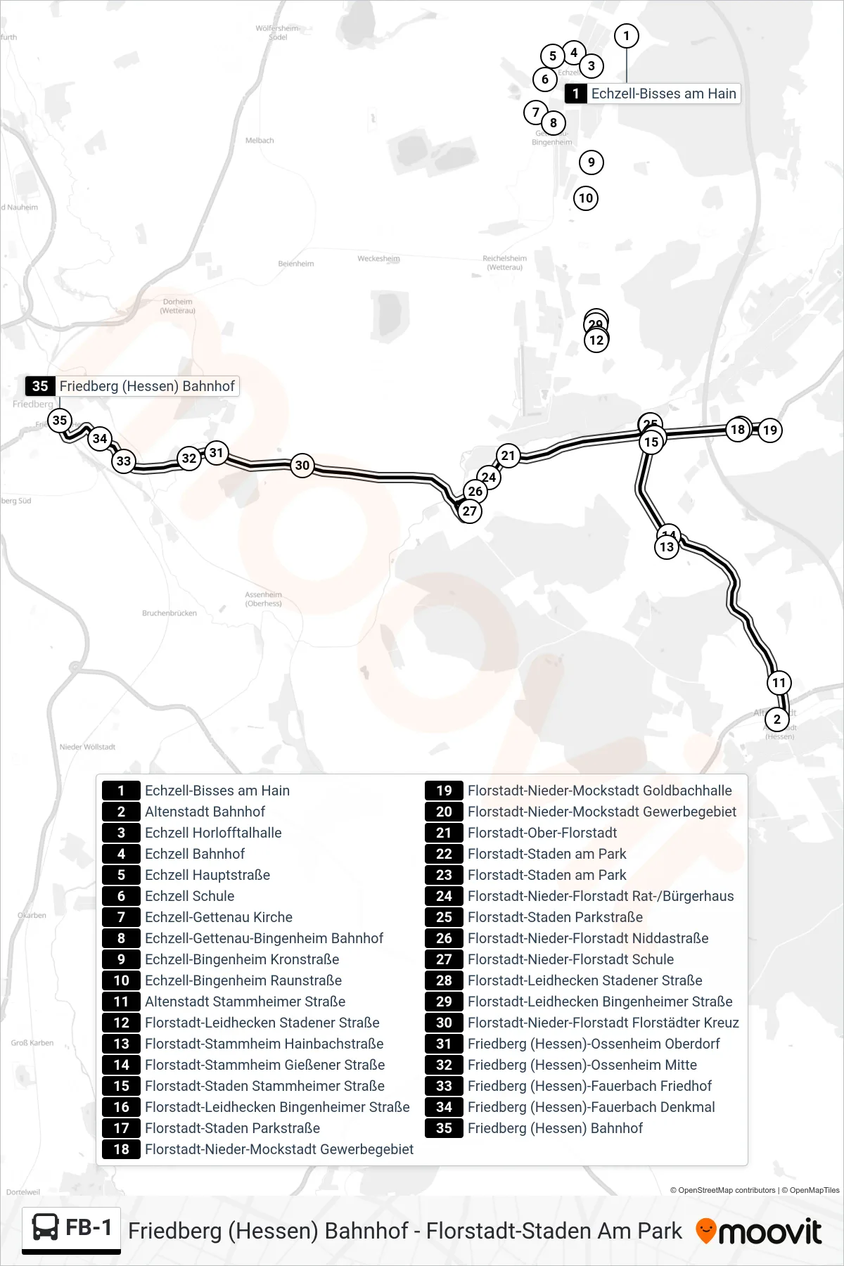 FB-1 bus Line (Friedberg (Hessen) Bahnhof) route and stops on a map