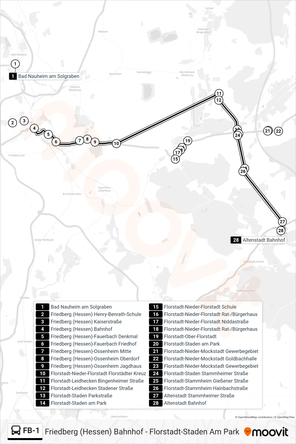 FB-1 bus Line (Altenstadt Bahnhof) route and stops on a map