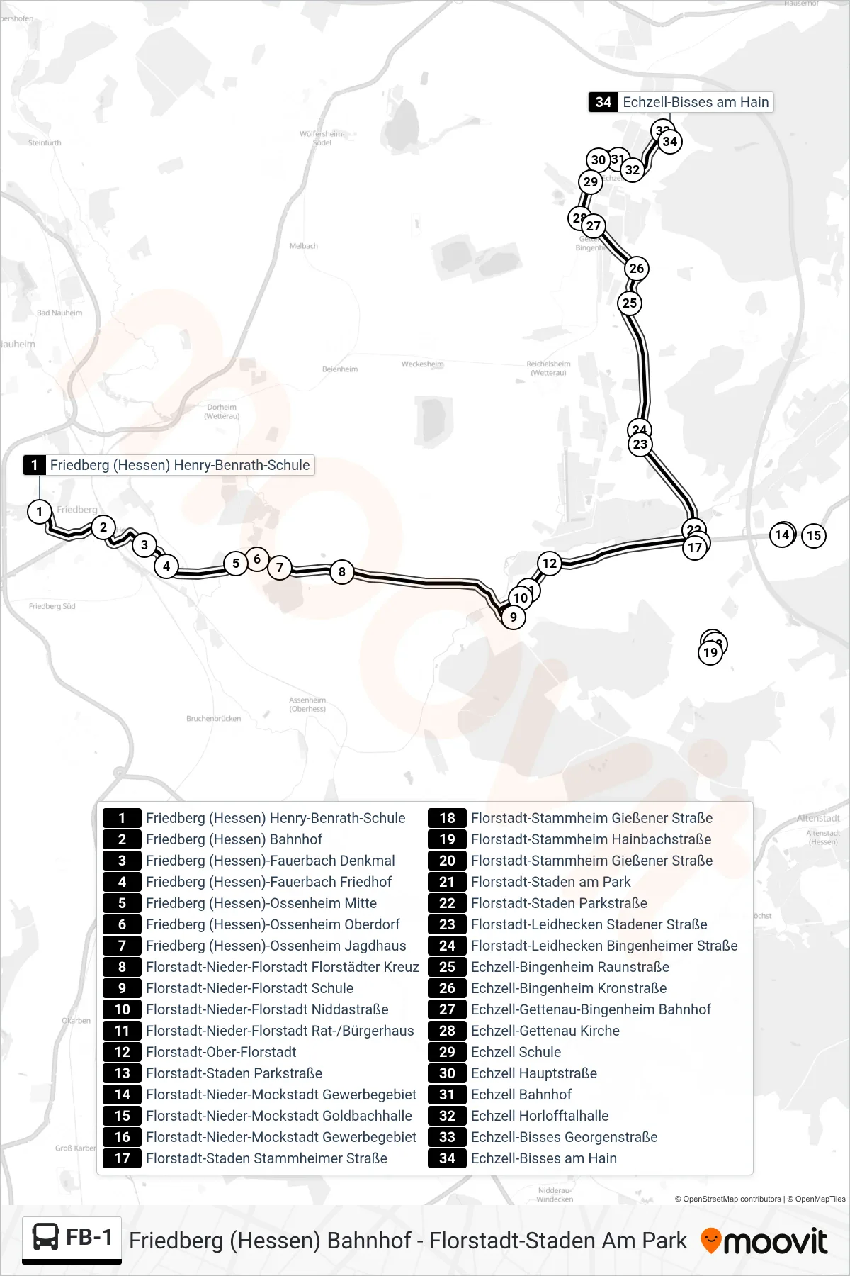 FB-1 bus Line (Echzell-Bisses am Hain) route and stops on a map