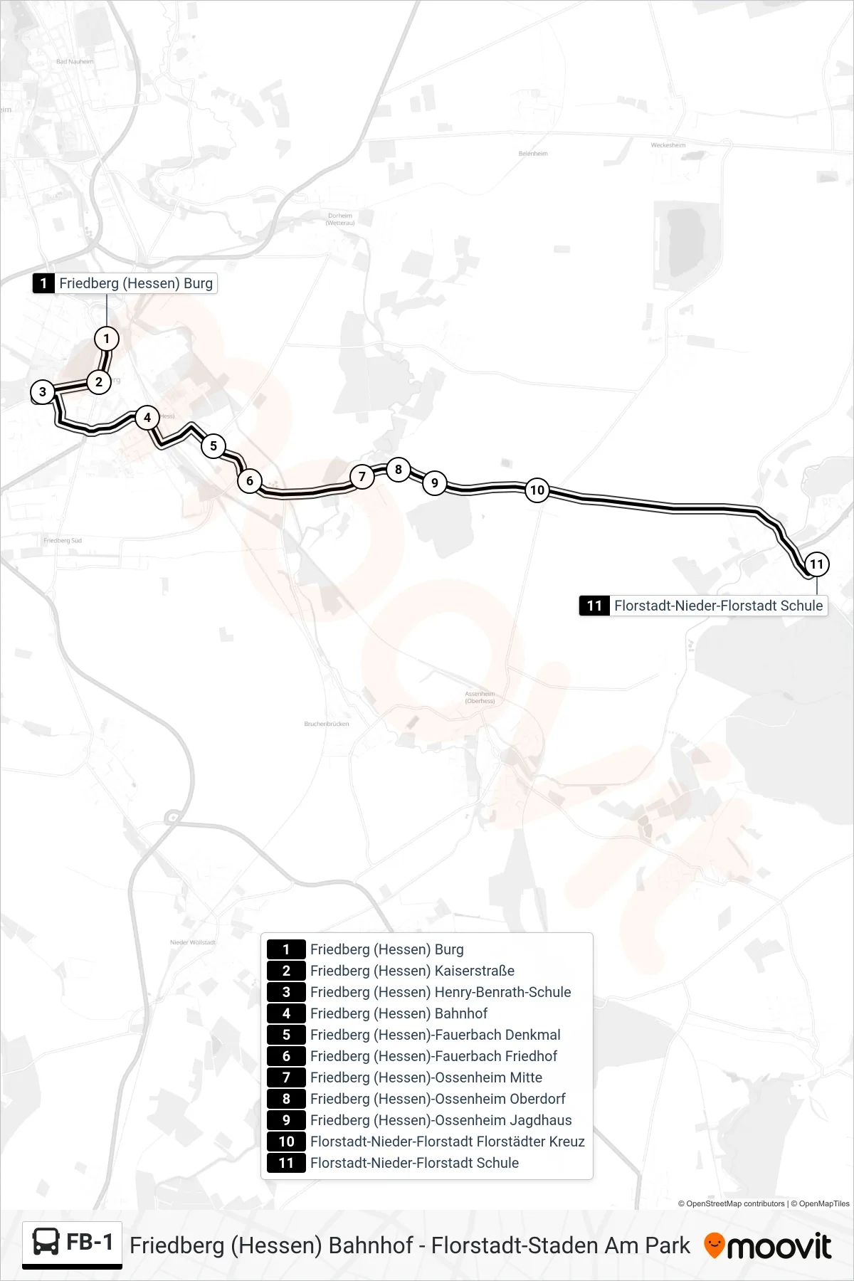FB-1 bus Line (Florstadt-Nieder-Florstadt Schule) route and stops on a map