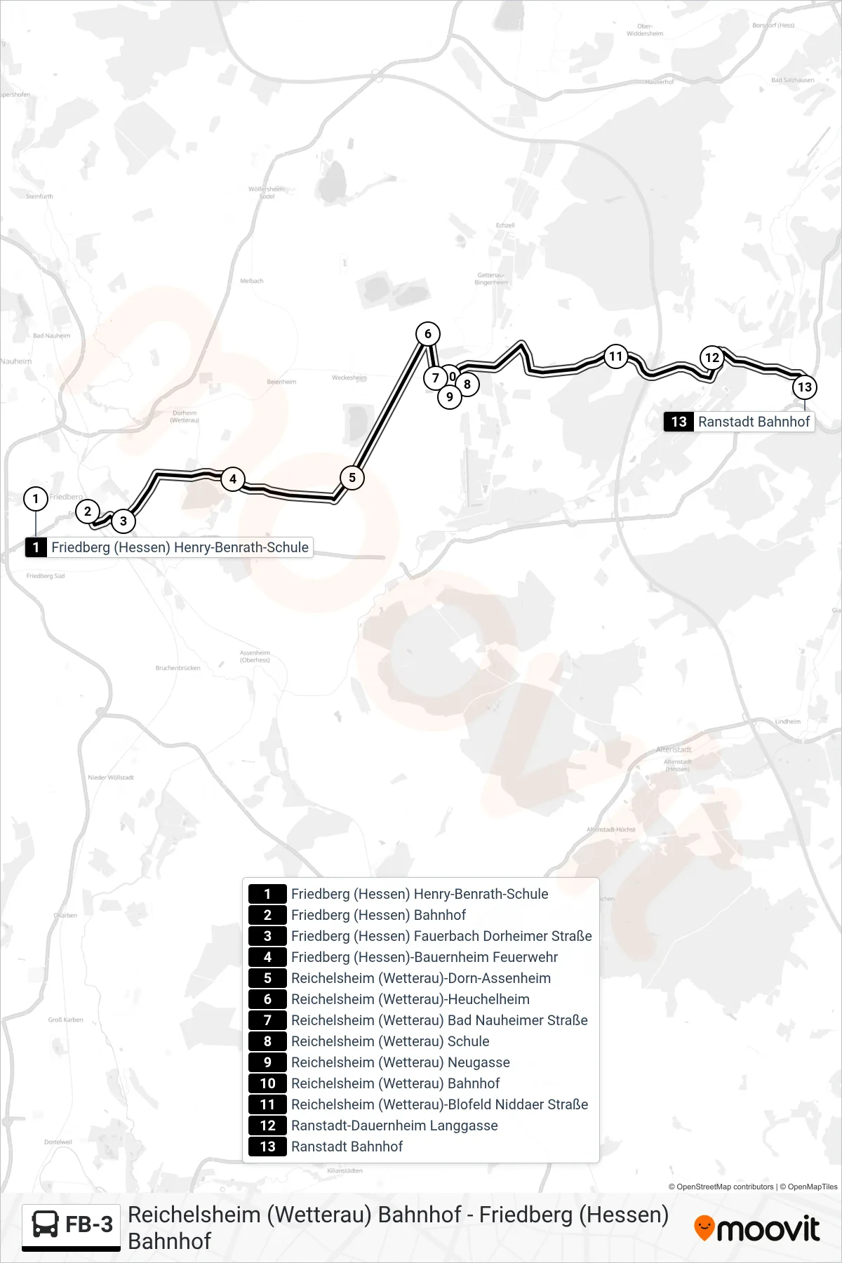 FB-3 bus Line (Ranstadt Bahnhof) route and stops on a map