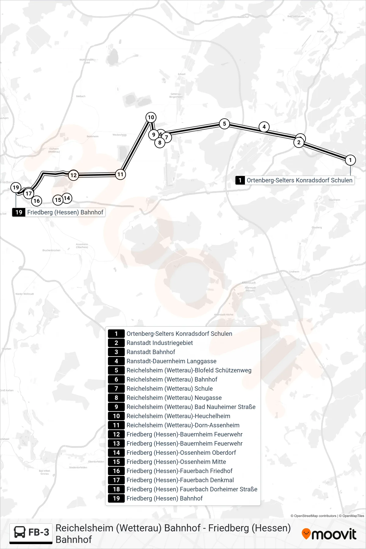 FB-3 bus Line (Friedberg (Hessen) Bahnhof) route and stops on a map
