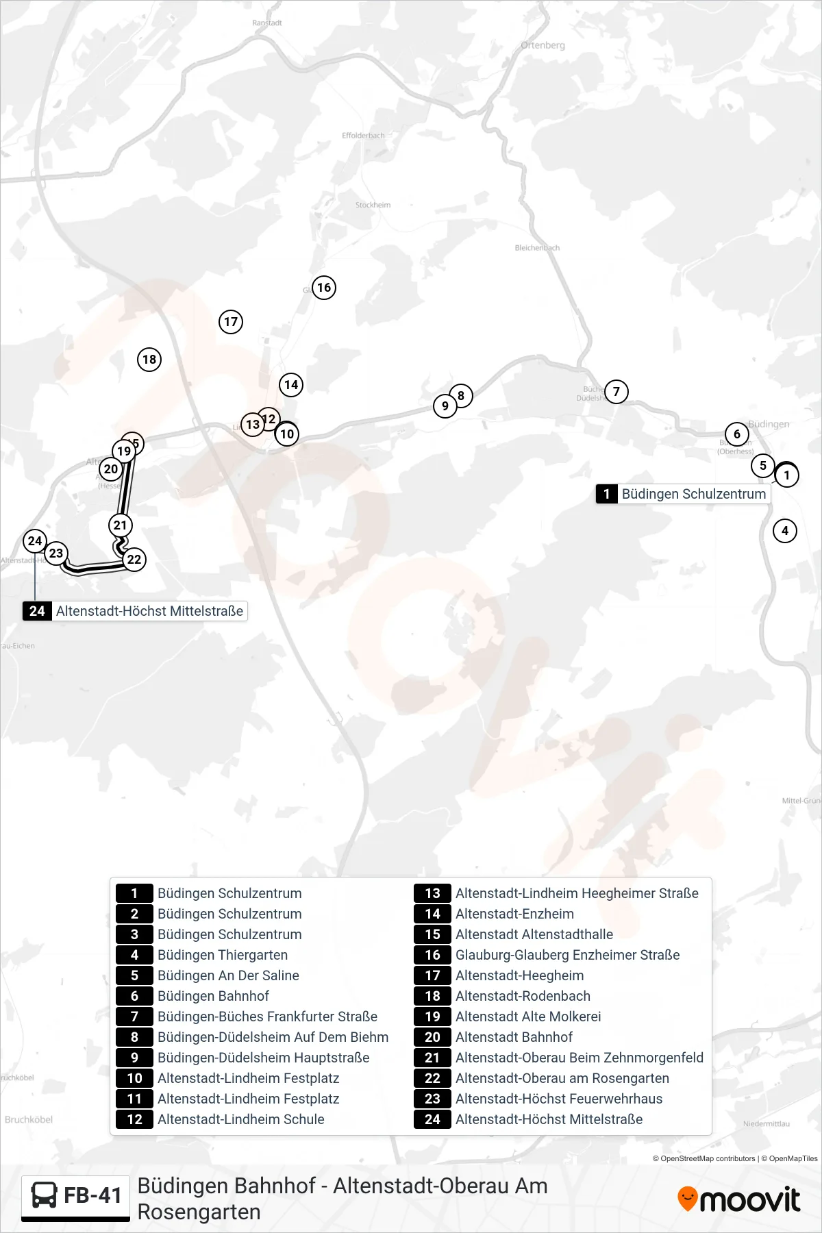 FB-41 bus Line (Altenstadt-Höchst Mittelstraße) route and stops on a map