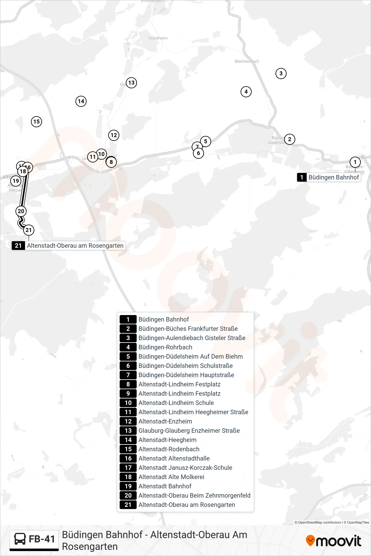 FB-41 bus Line (Altenstadt-Oberau am Rosengarten) route and stops on a map