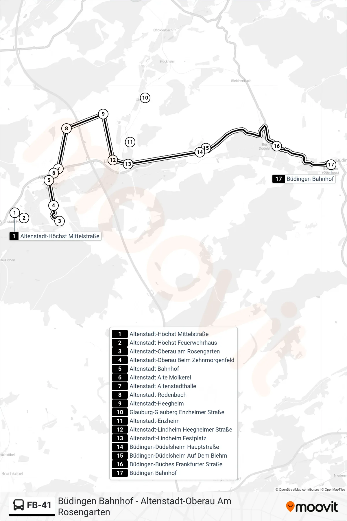 FB-41 bus Line (Büdingen Bahnhof) route and stops on a map