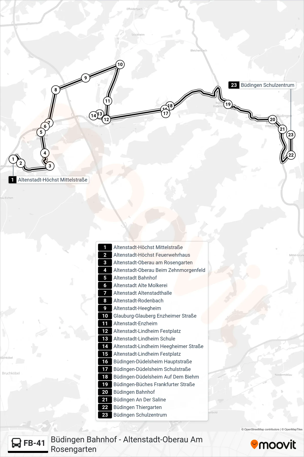 FB-41 bus Line (Büdingen Schulzentrum) route and stops on a map