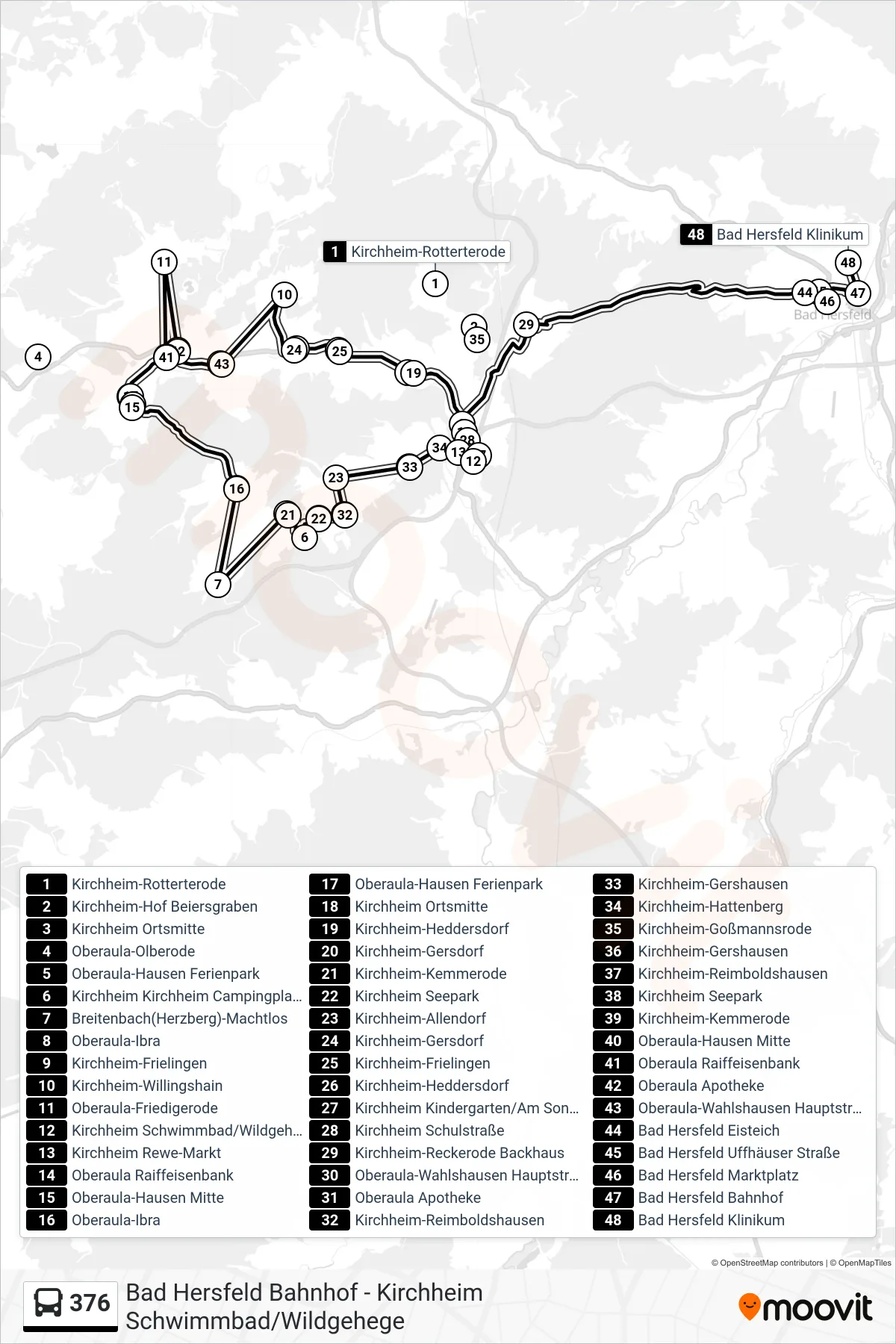 376 bus Line (Kreiskrankenhaus) route and stops on a map