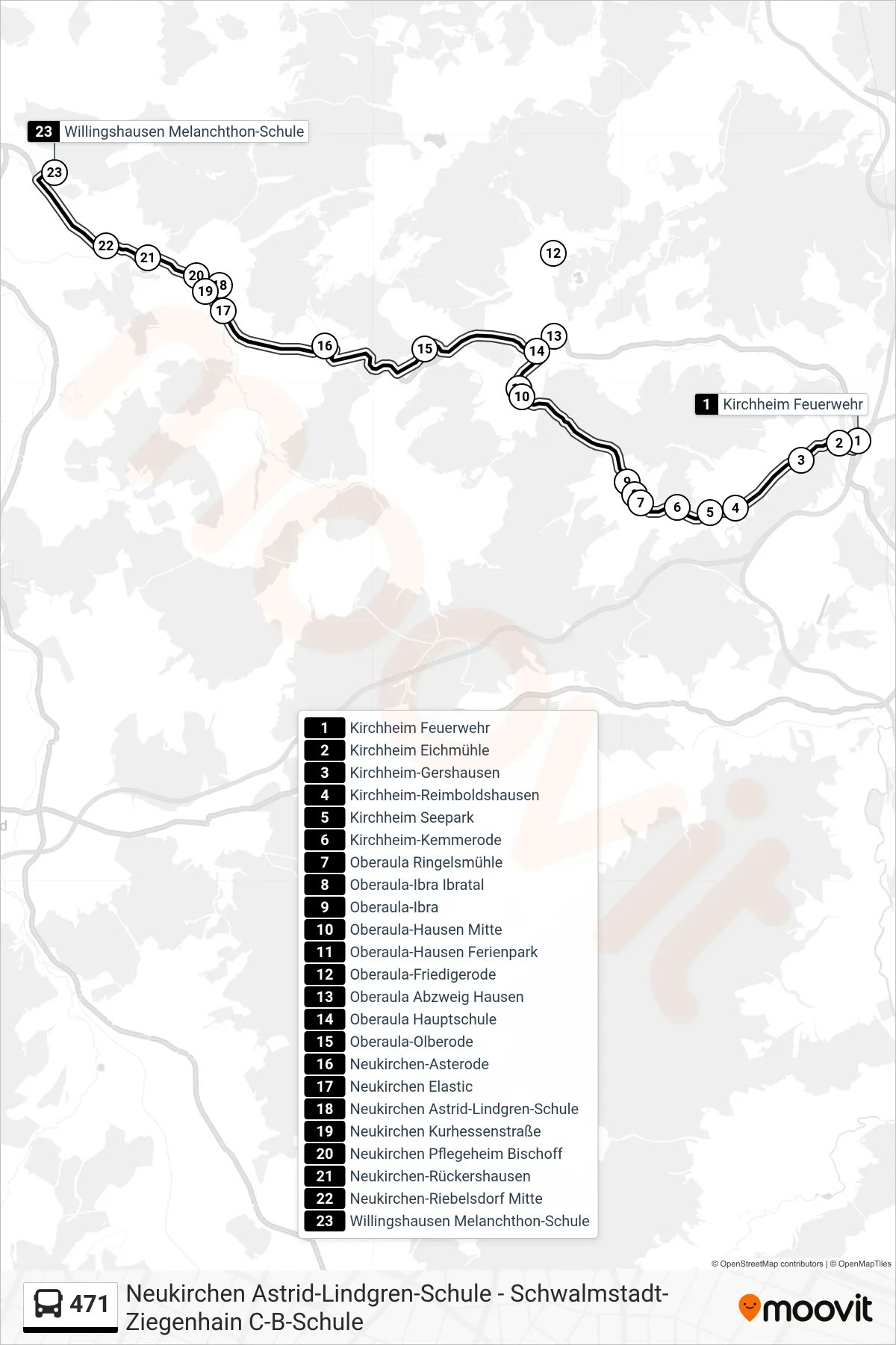 471 bus Line (Willingshausen) route and stops on a map