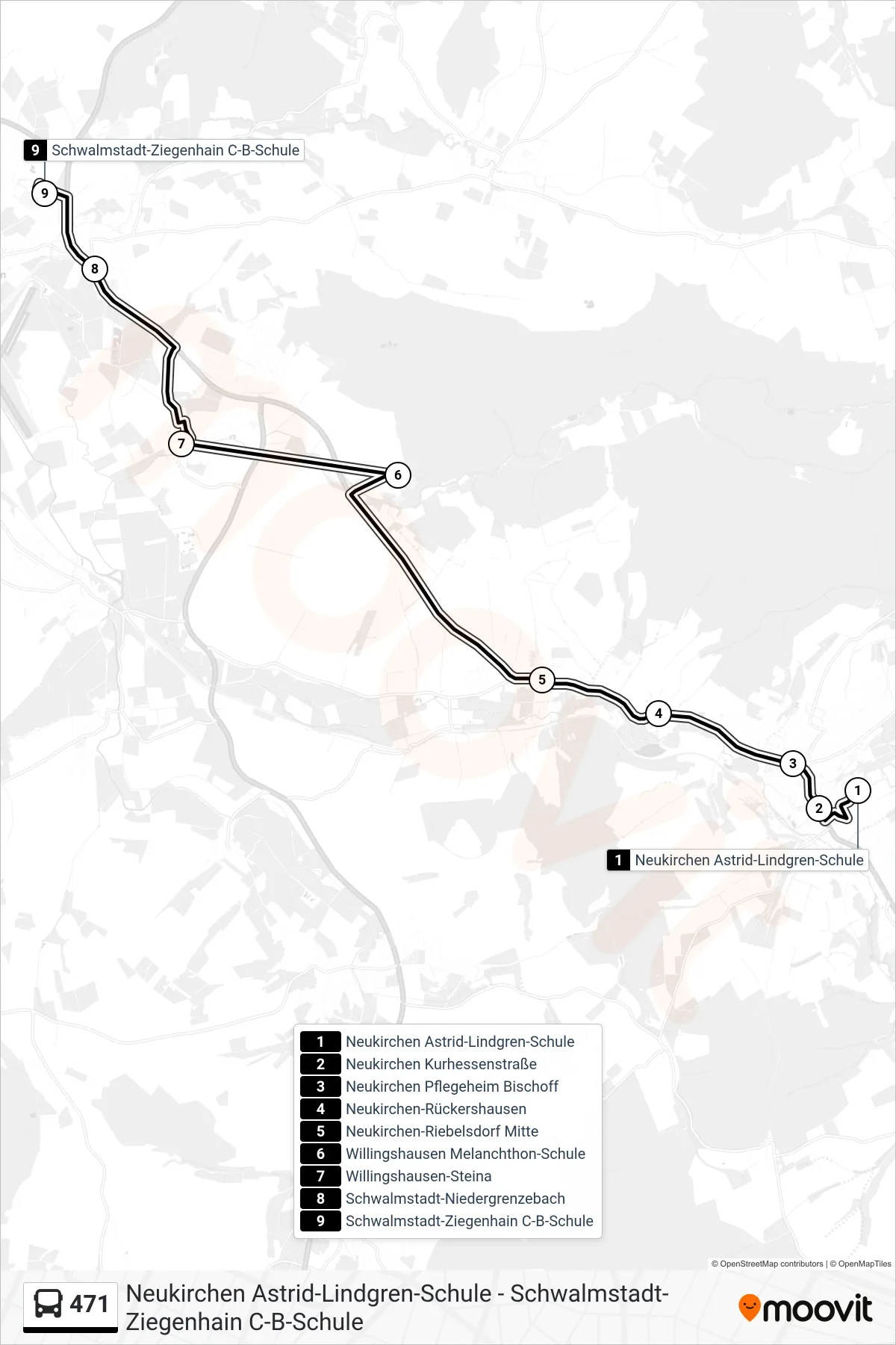 471 bus Line (Ziegenhain, C-B-S) route and stops on a map