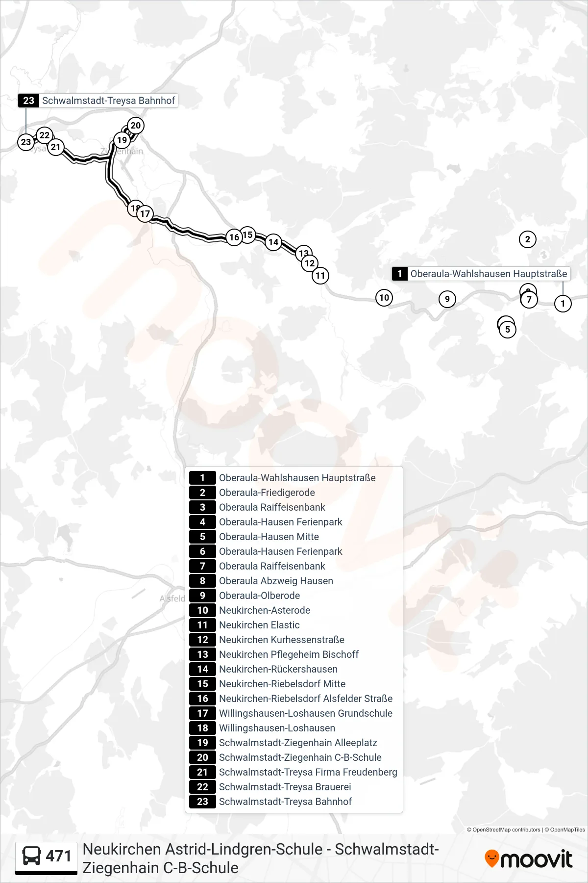 471 bus Line (Treysa) route and stops on a map