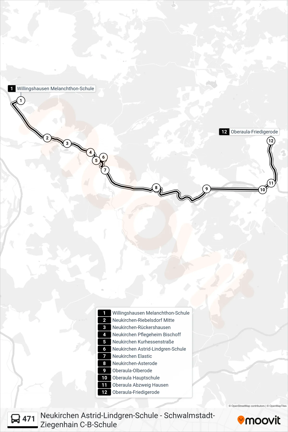 471 bus Line (Friedigerode) route and stops on a map