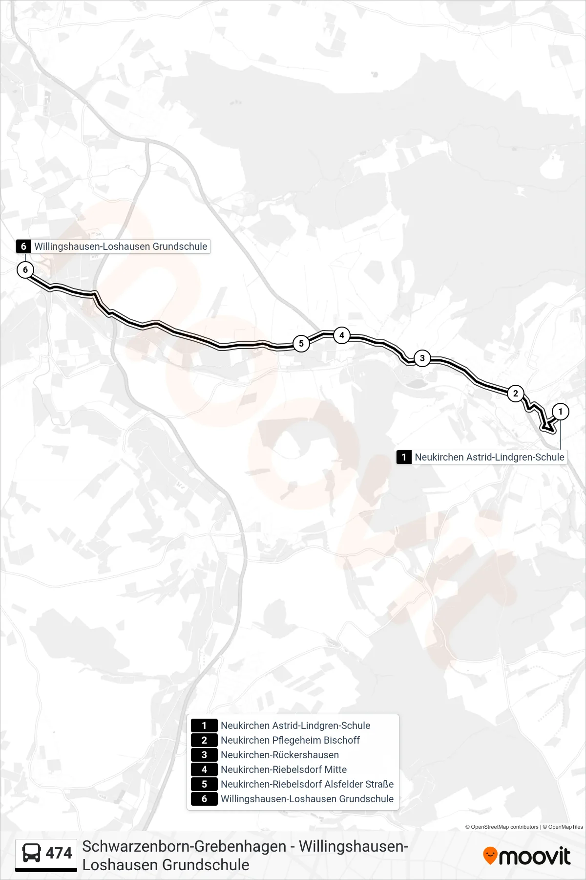 474 bus Line (Loshausen Grundschule) route and stops on a map