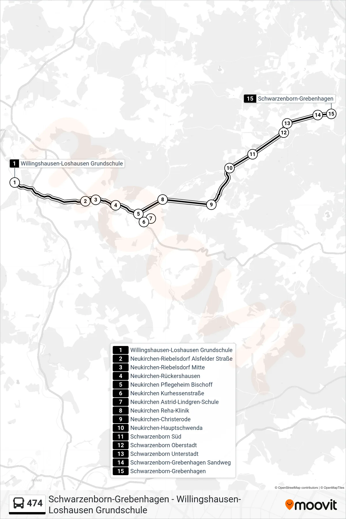 474 bus Line (Grebenhagen) route and stops on a map