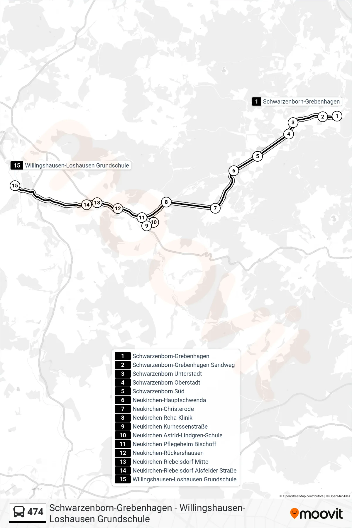 474 bus Line (Willingshausen-Loshausen Grundschule) route and stops on a map