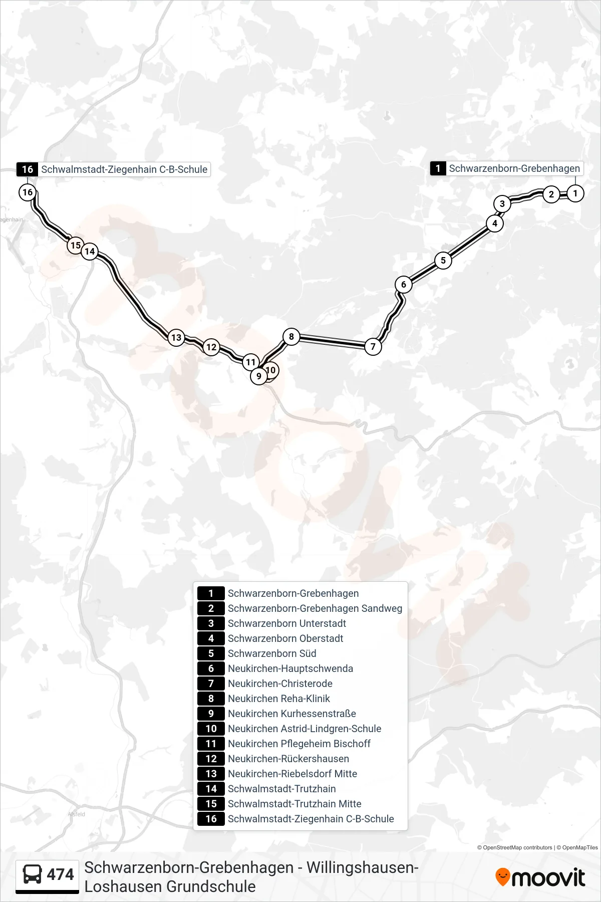 474 bus Line (Ziegenhain C-B-S) route and stops on a map