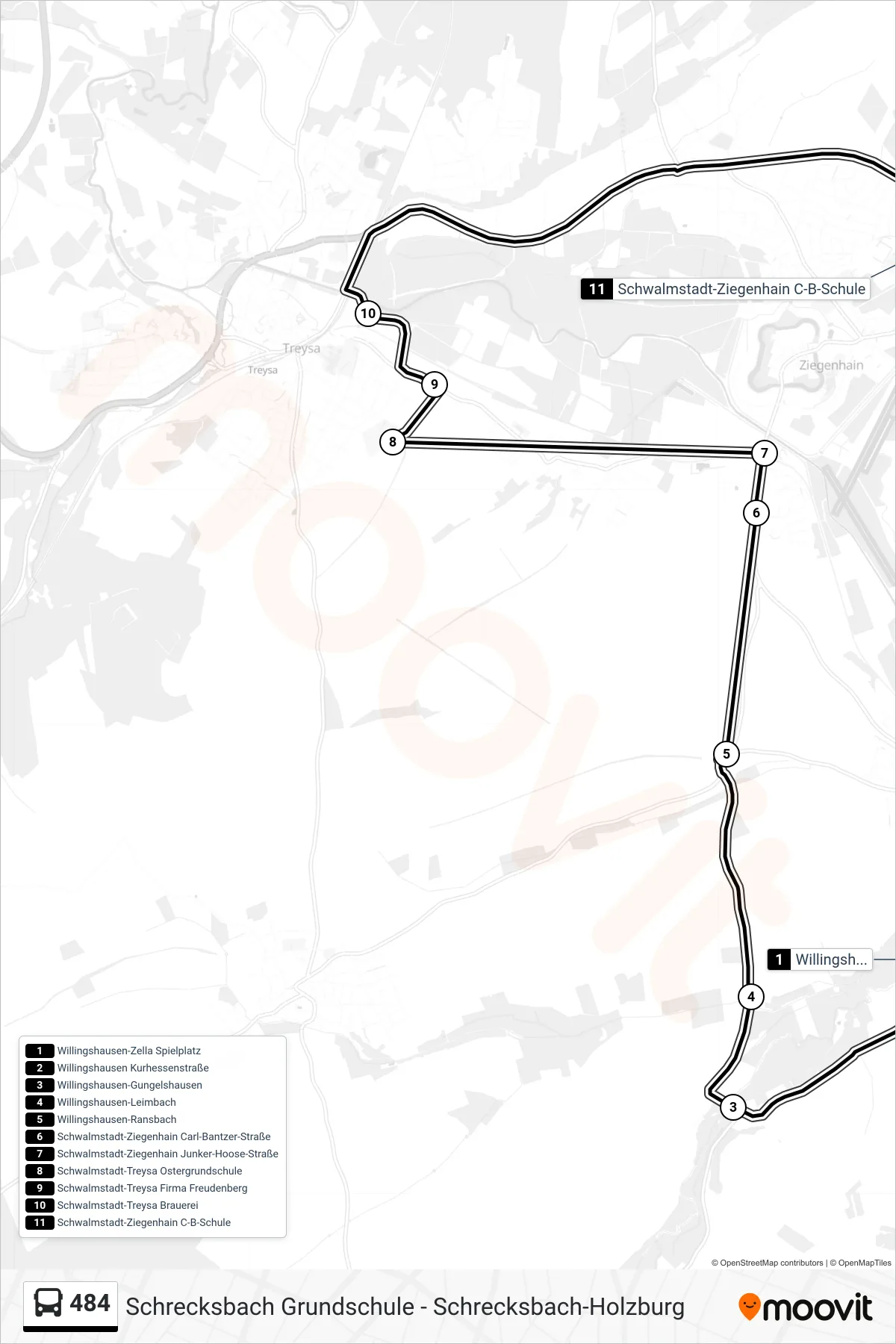484 bus Line (Schwalmstadt-Ziegenhain C-B-Schule) route and stops on a map