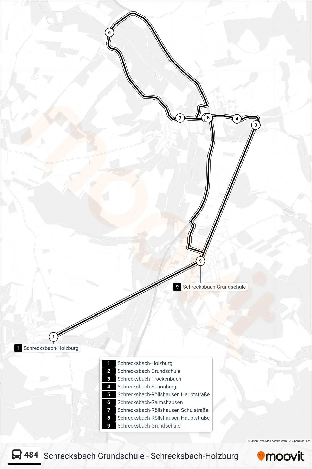 484 bus Line (Schrecksbach Grundschule) route and stops on a map