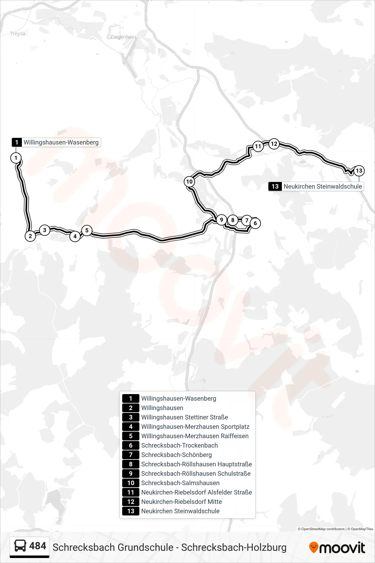 Linie 484 (Bus) Richtung Neukirchen Steinwaldschule: Route und Haltestellen auf der Karte