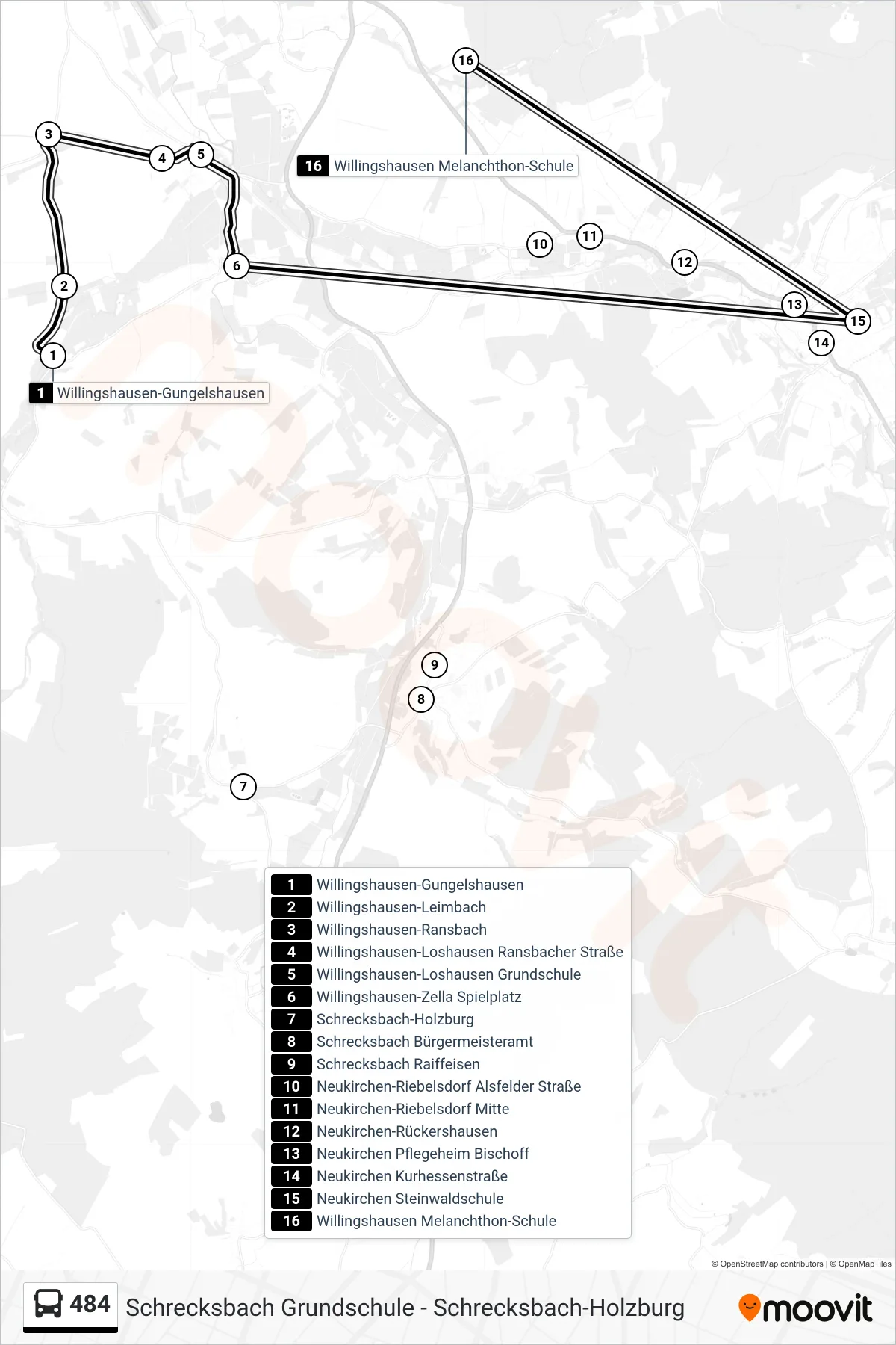 484 bus Line (Willingshausen) route and stops on a map