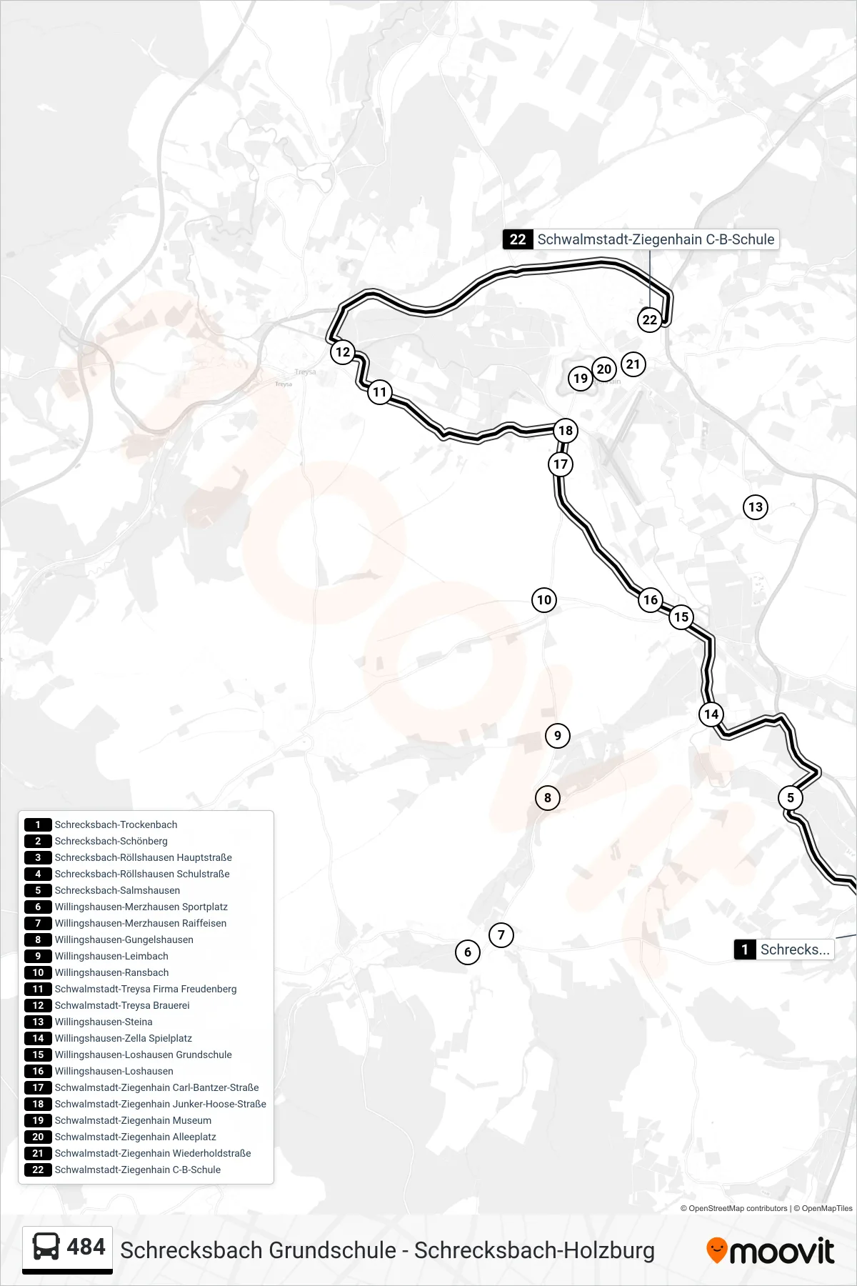 484 bus Line (Ziegenhain, C-B-S) route and stops on a map