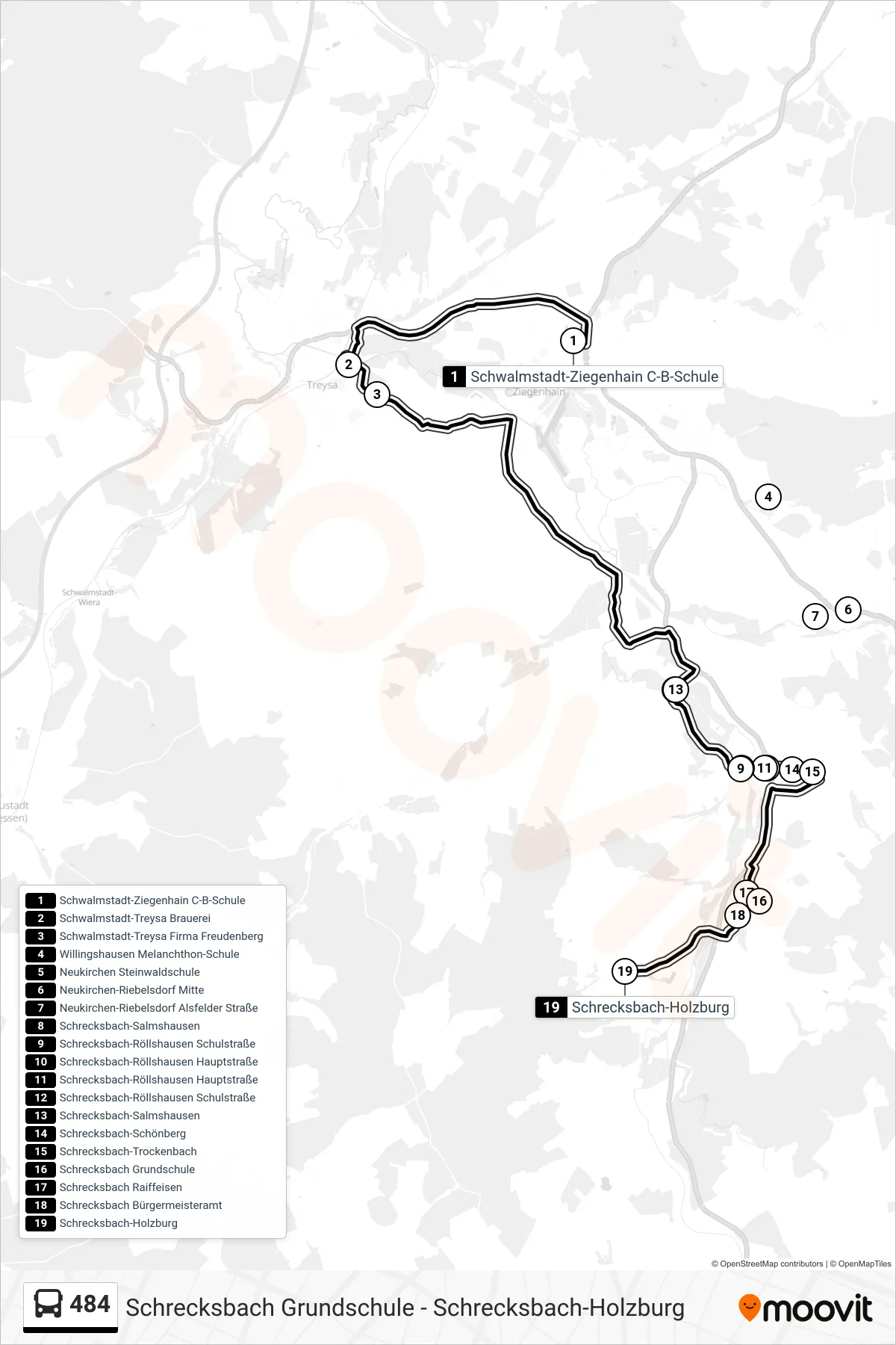 484 bus Line (Holzburg) route and stops on a map