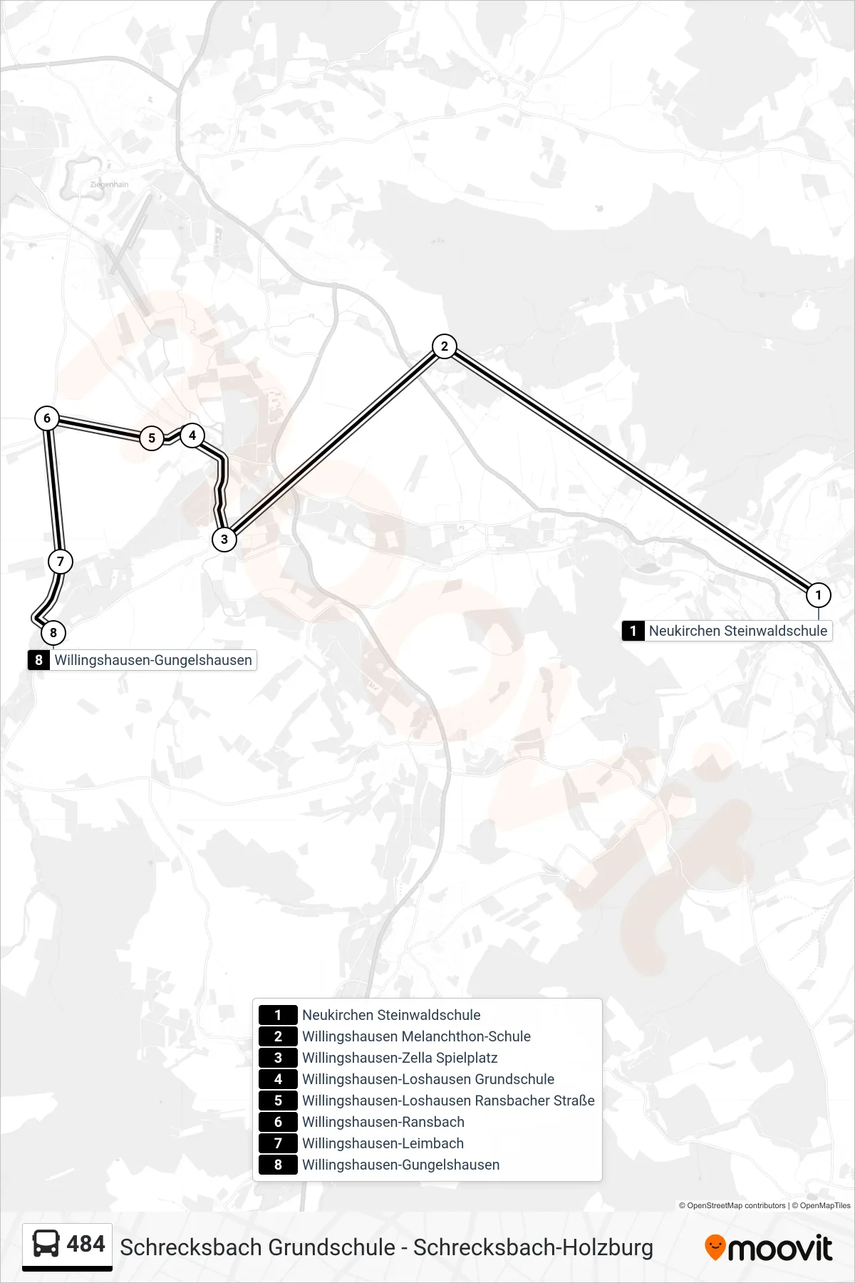 484 bus Line (Gungelshausen) route and stops on a map