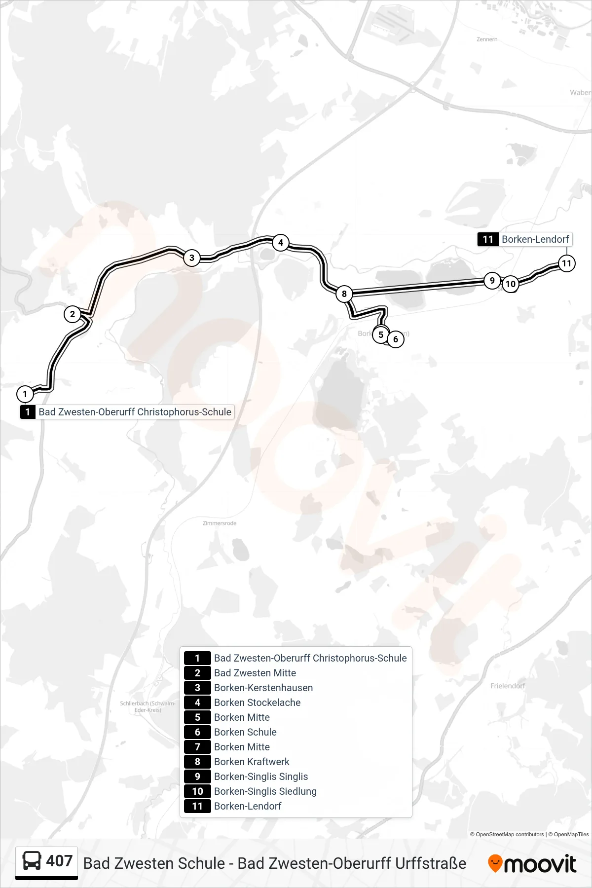 407 bus Line (Borken-Lendorf) route and stops on a map