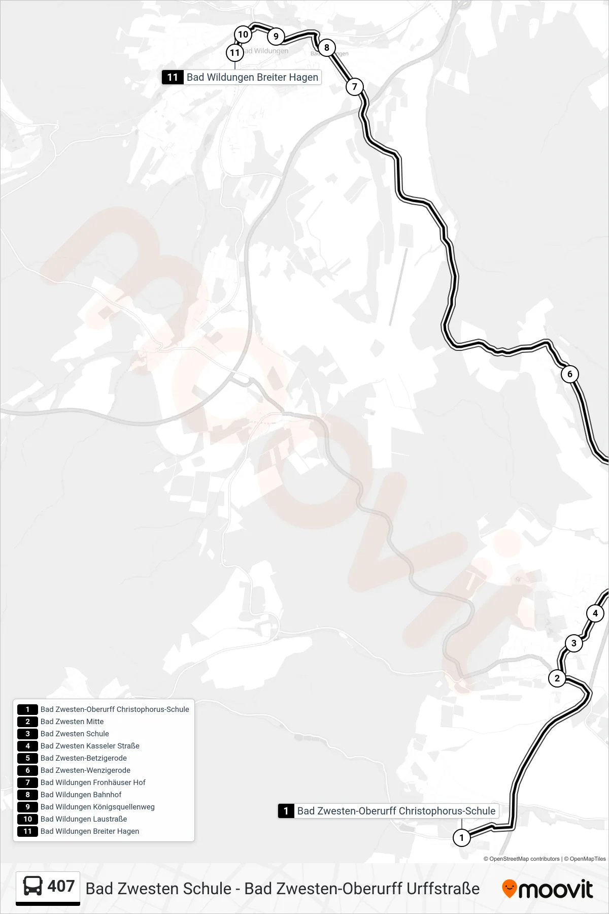 407 bus Line (Bad Wildungen) route and stops on a map