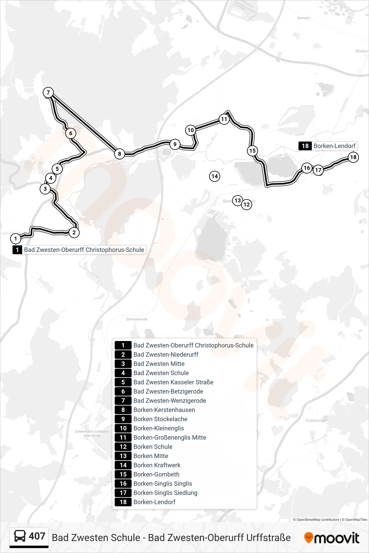 407 bus Line (Lendorf) route and stops on a map