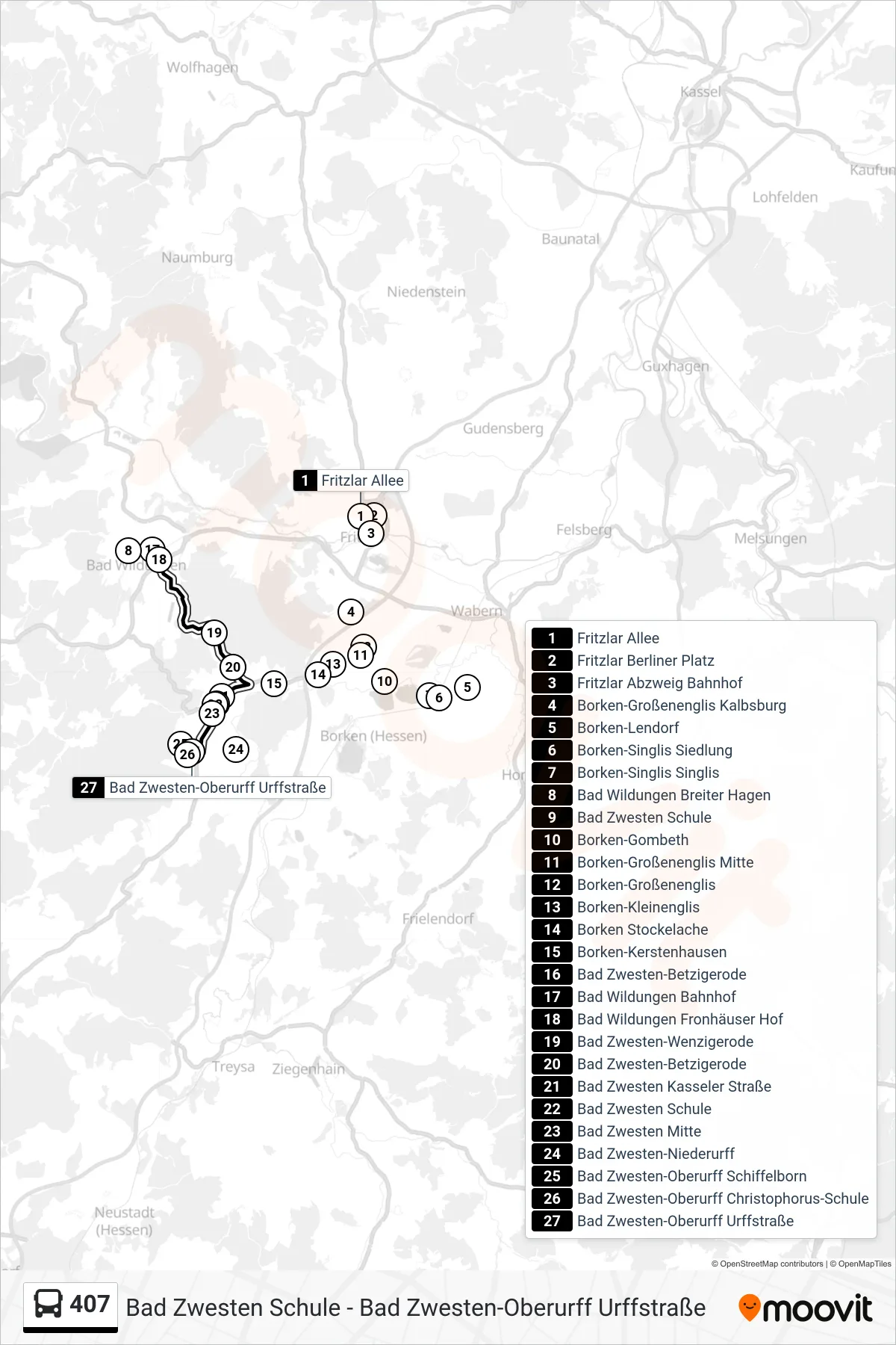407 bus Line (Oberurff) route and stops on a map