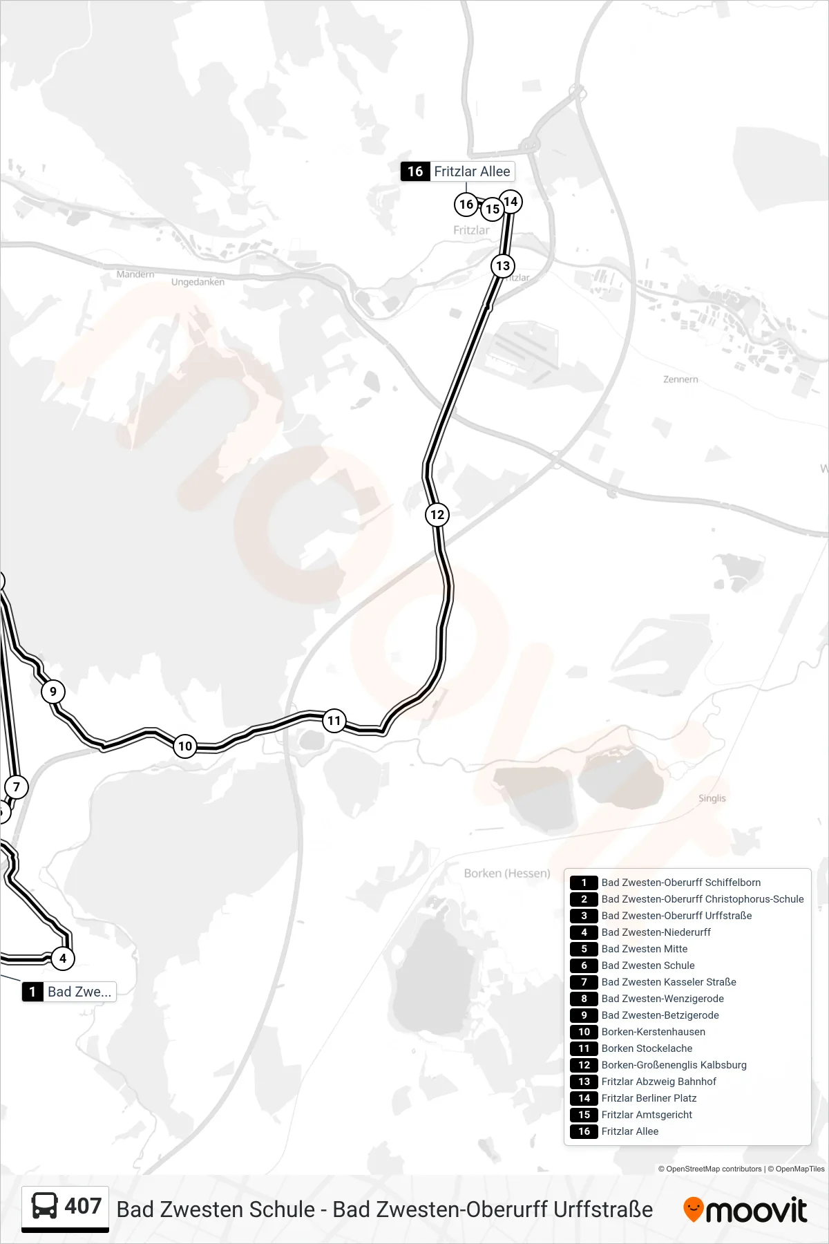 407 bus Line (Fritzlar Allee) route and stops on a map