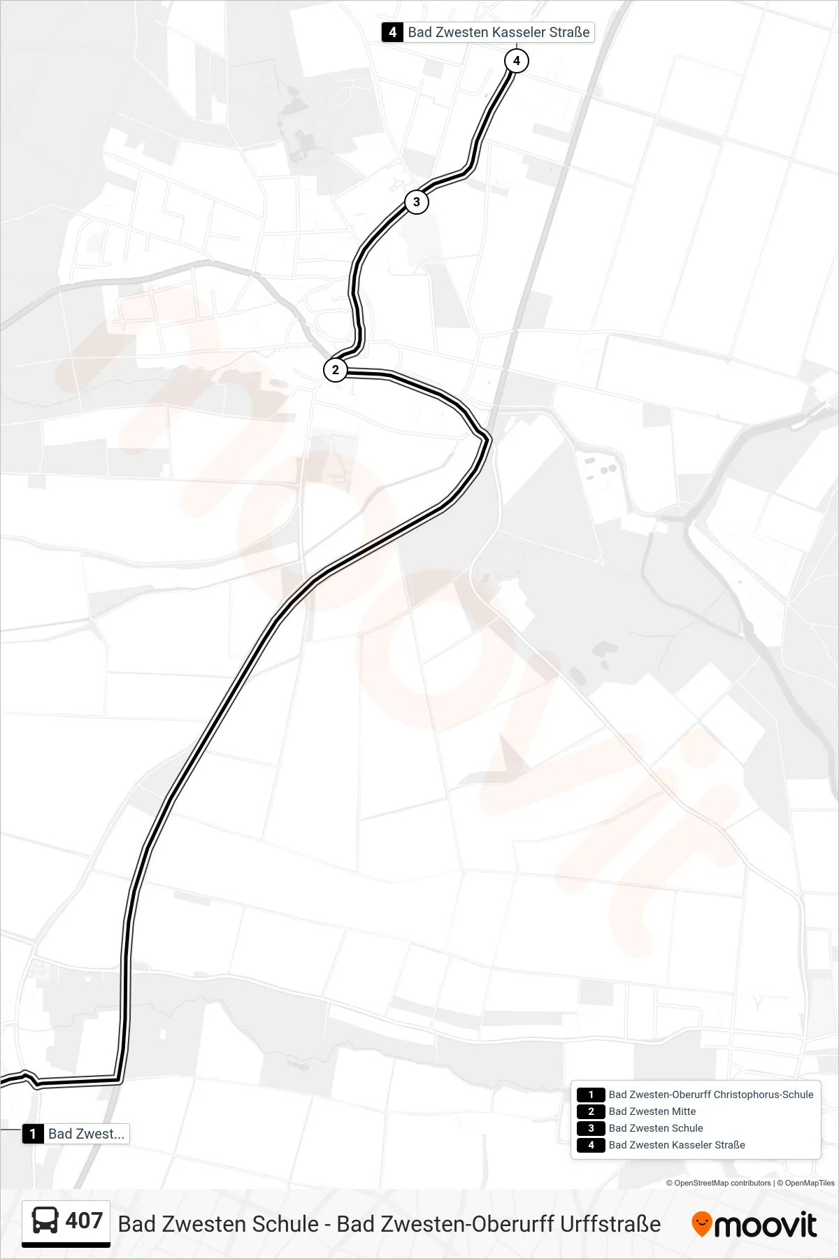 407 bus Line (Bad Zwesten) route and stops on a map
