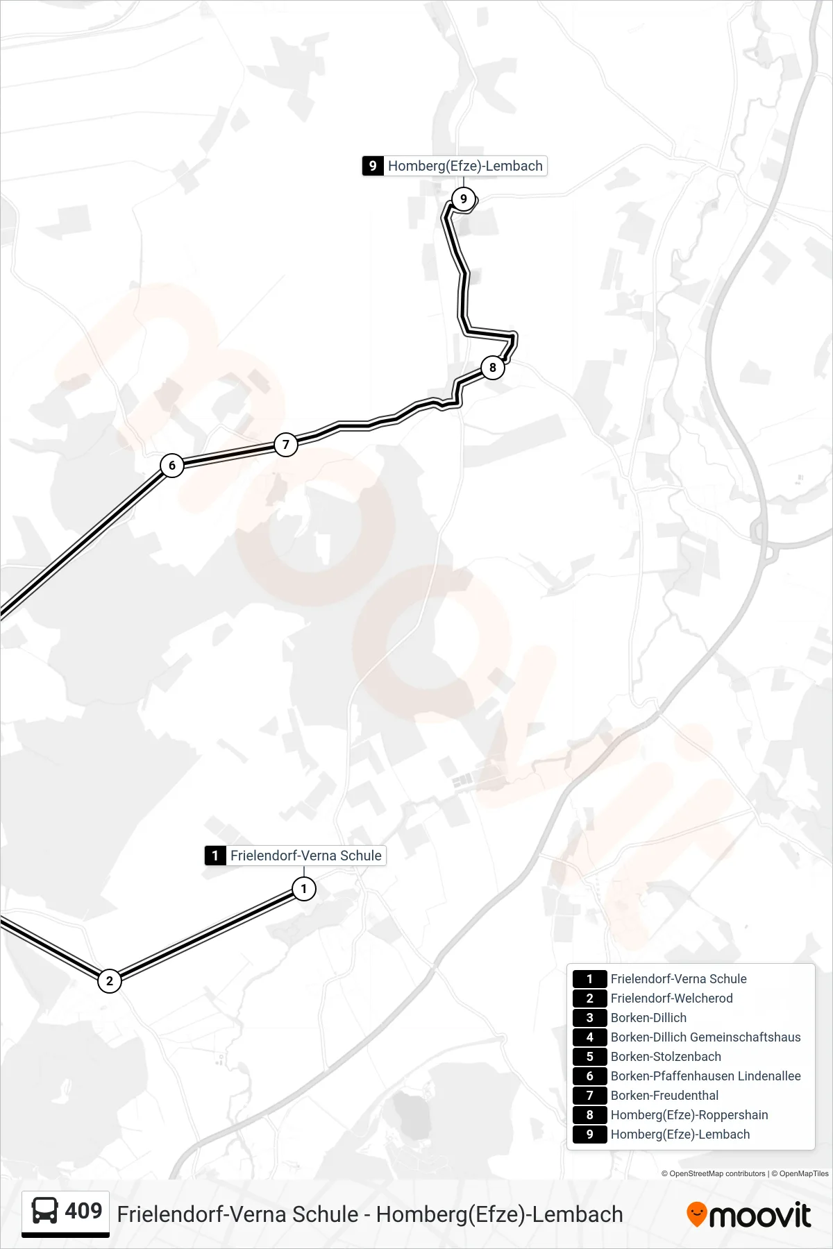 409 bus Line (Homberg(Efze)-Lembach) route and stops on a map