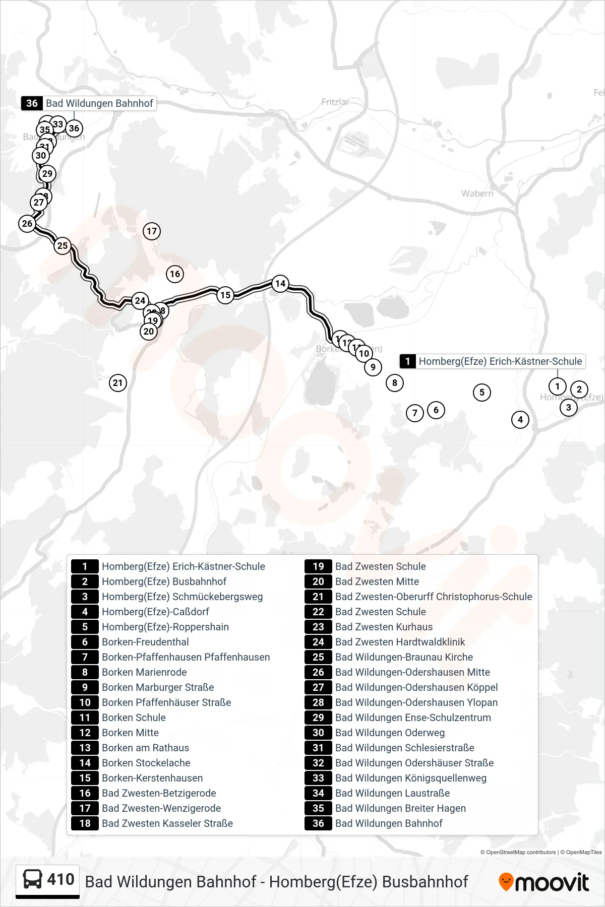 410 bus Line (Bad Wildungen) route and stops on a map