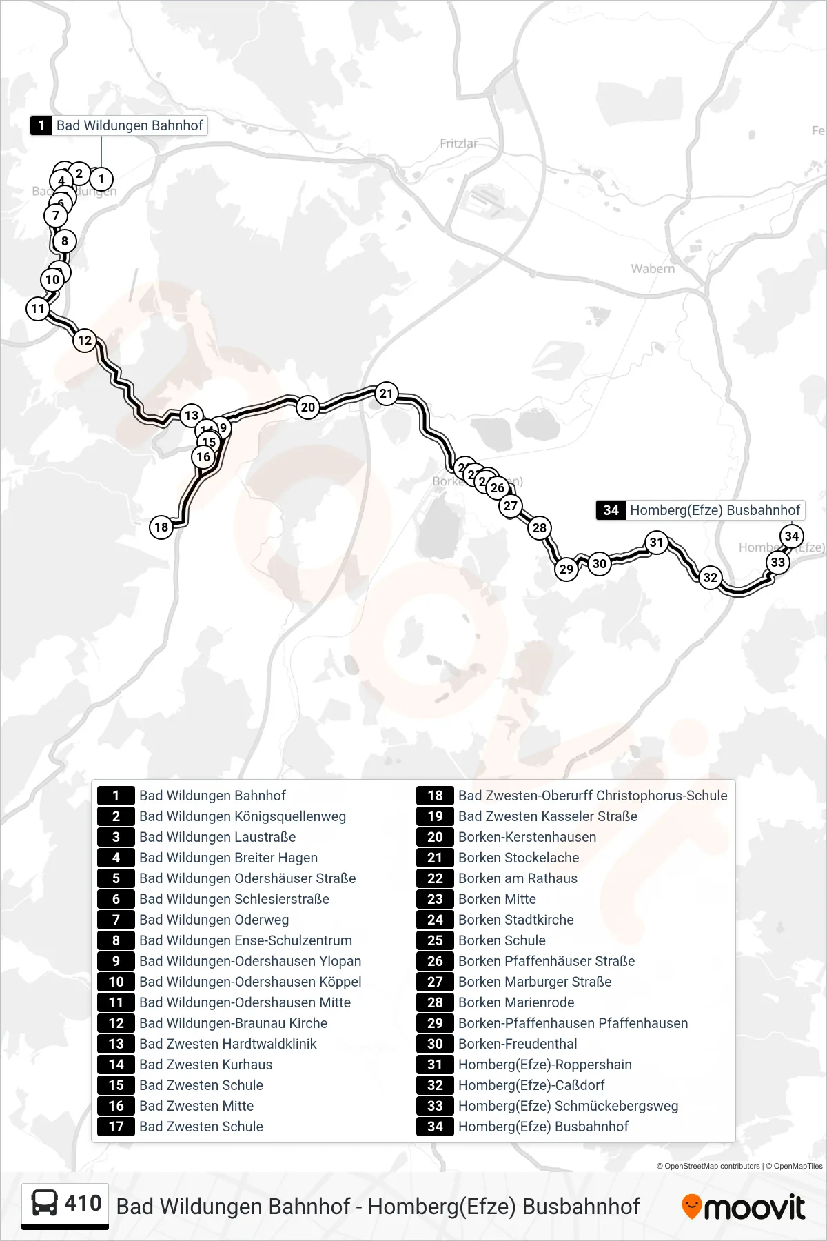 410 bus Line (Homberg(Efze) Busbahnhof) route and stops on a map