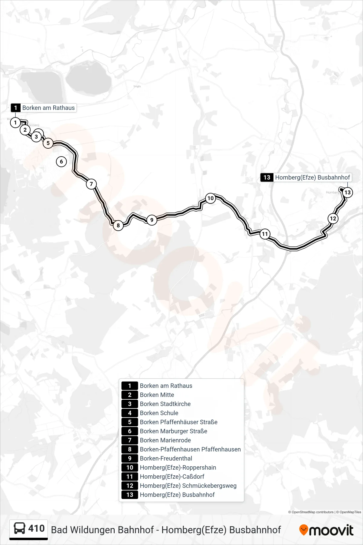 410 bus Line (Homberg) route and stops on a map