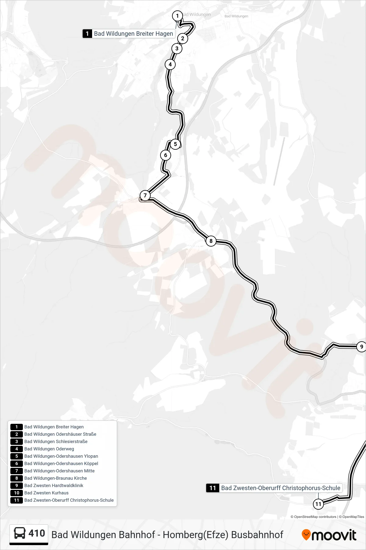410 bus Line (Oberurff) route and stops on a map