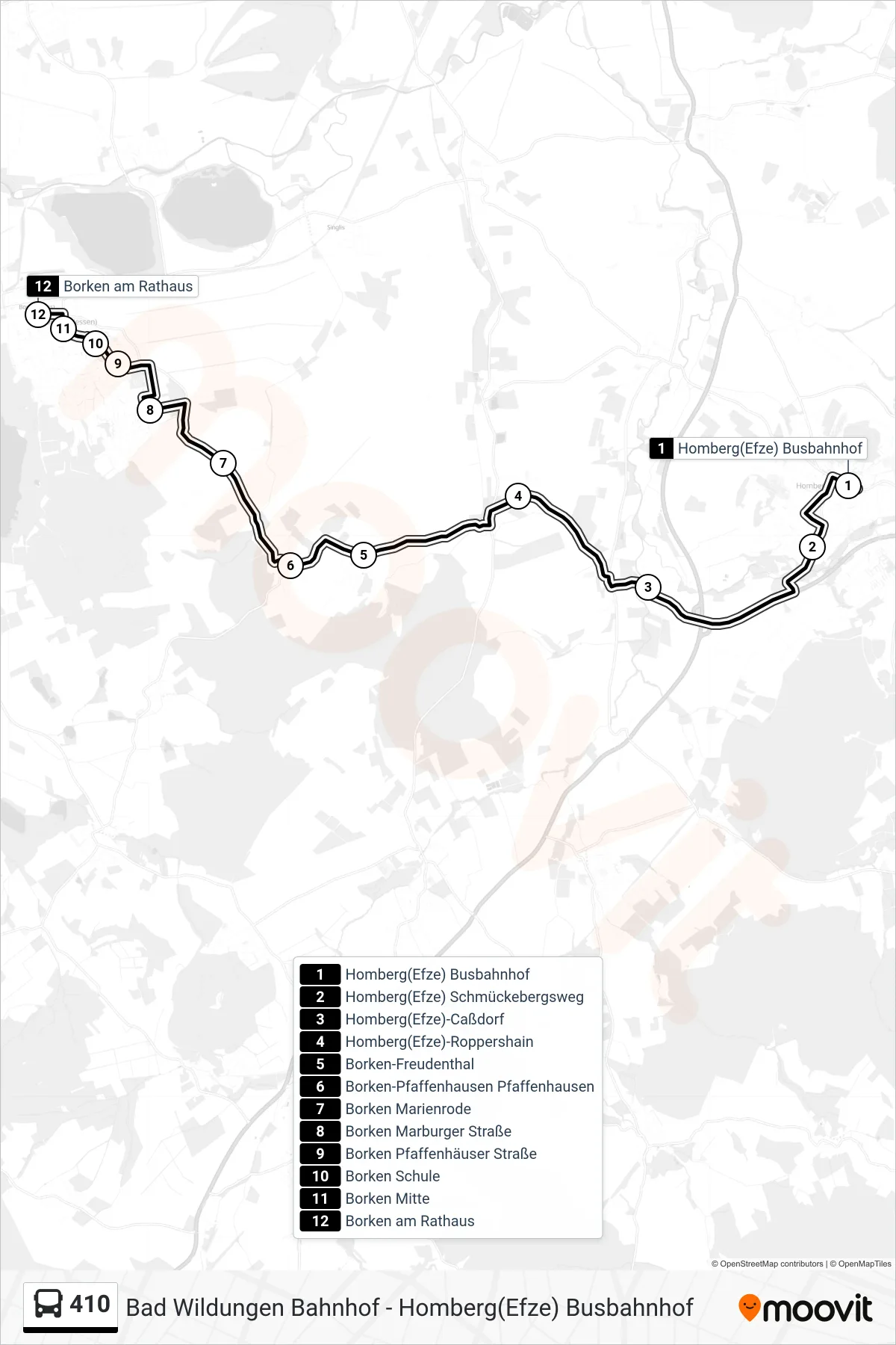 410 bus Line (Borken) route and stops on a map